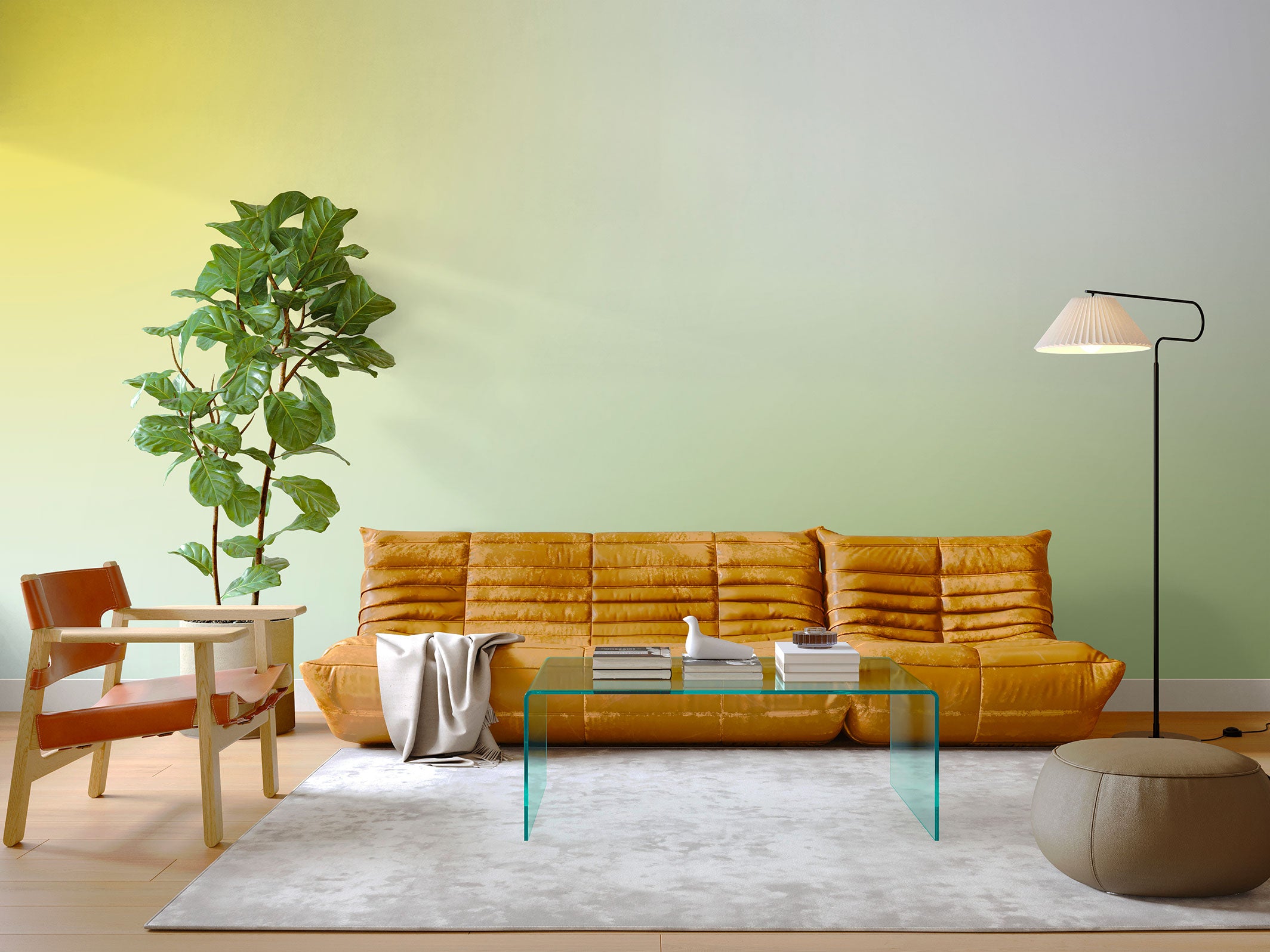 Panoramic graphic wallpaper - Archie - Jaune & Vert amande