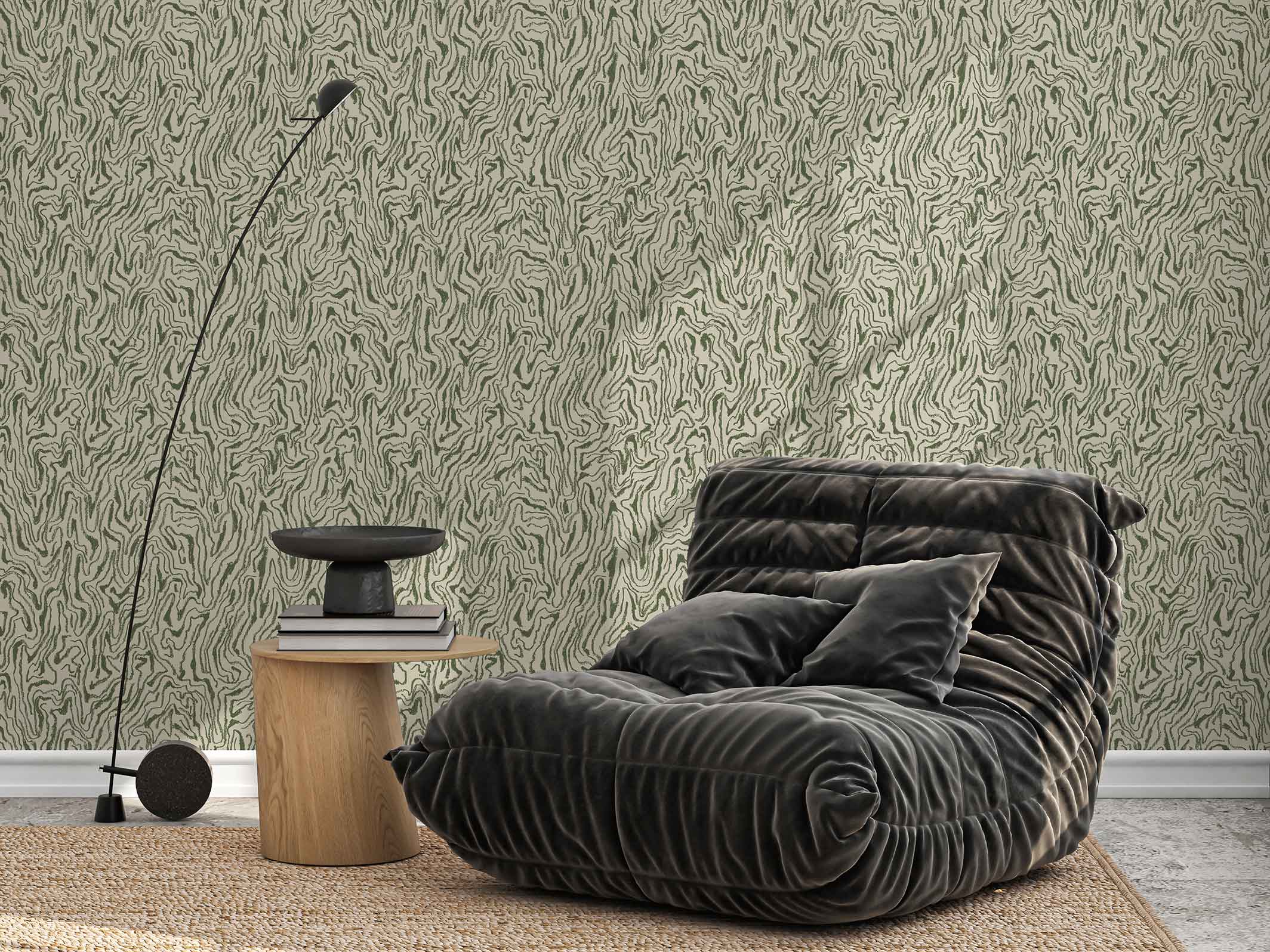 Papier peint Bois précieux - Gypse et Vert dans un salon avec fauteuil Togo