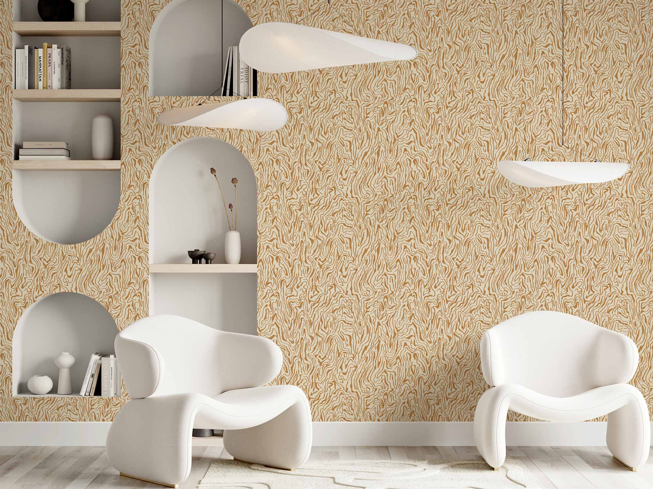 Papier peint Bois précieux - Ivoire & Ocre jaune - dans un salon aux formes organiques