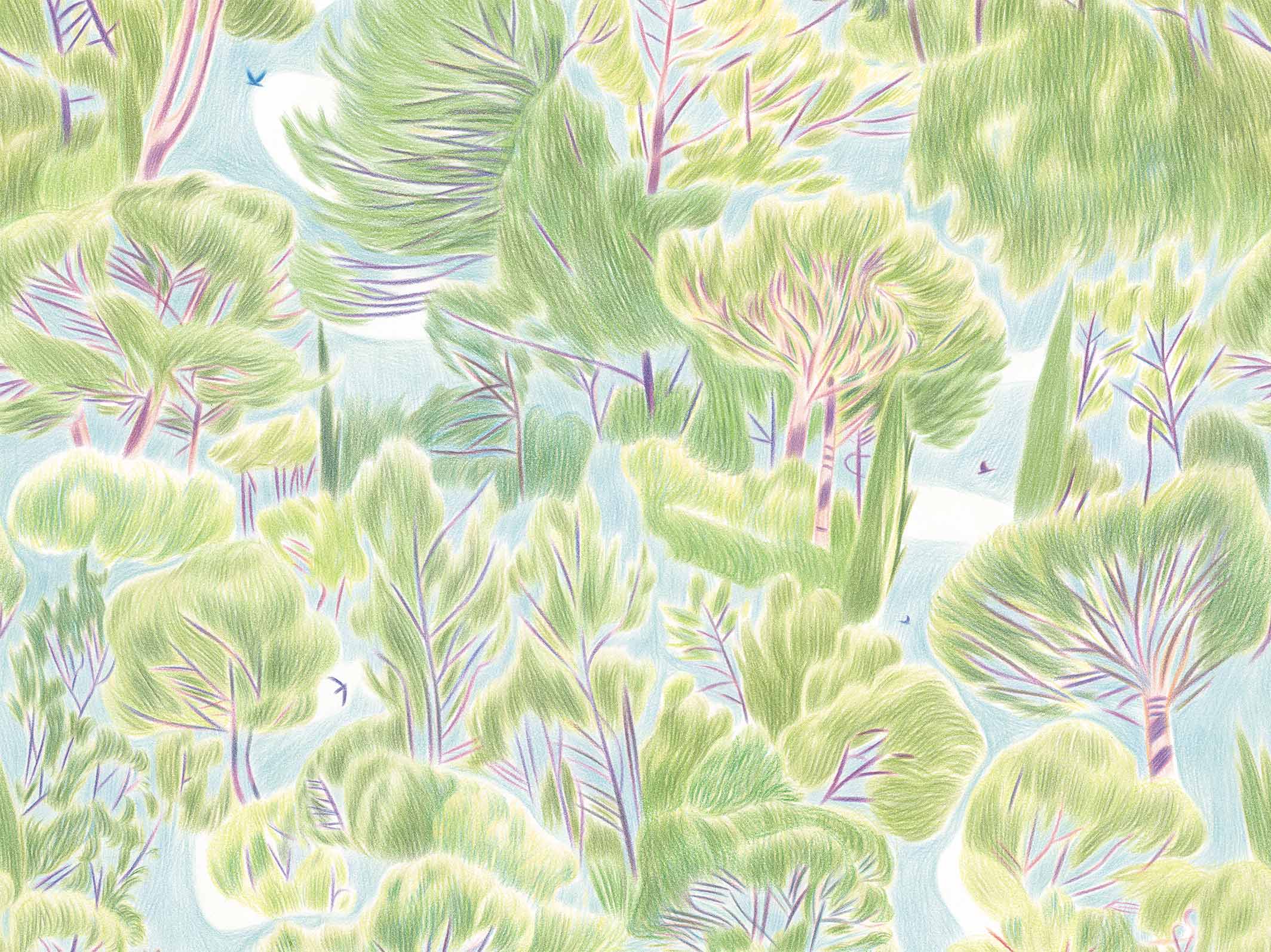 Papier peint végétal - Canopée - Vert anis & Bleu azur, motif seul