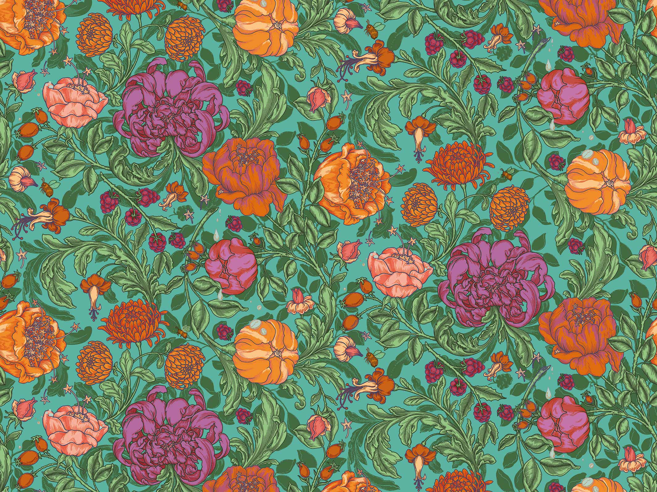 Papier peint floral - Envolée lyrique - Vert acide & Orange