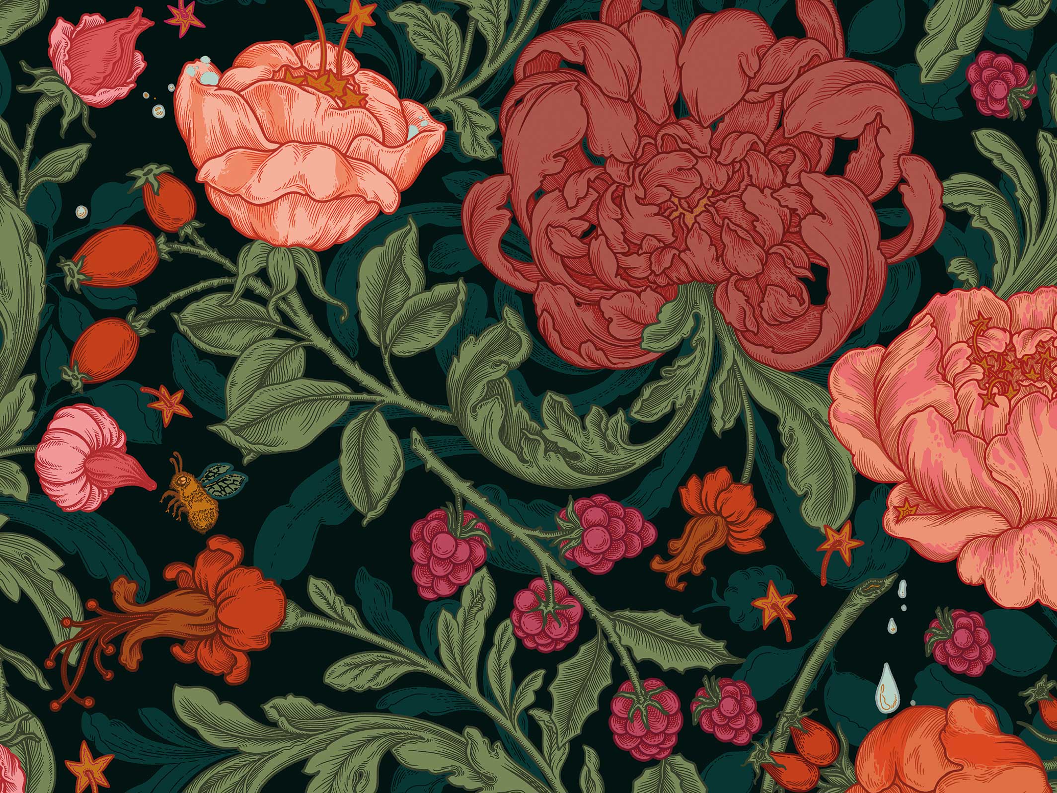 Papier peint floral - Envolée lyrique - Vert mousse & Rose