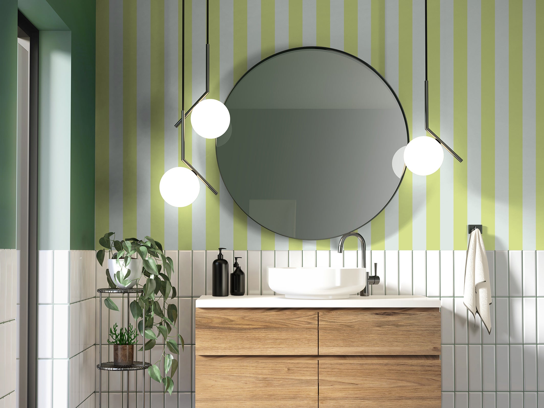 Papier peint à rayures - Eliott - Vert d’eau & Pistache dans une salle-de-bain