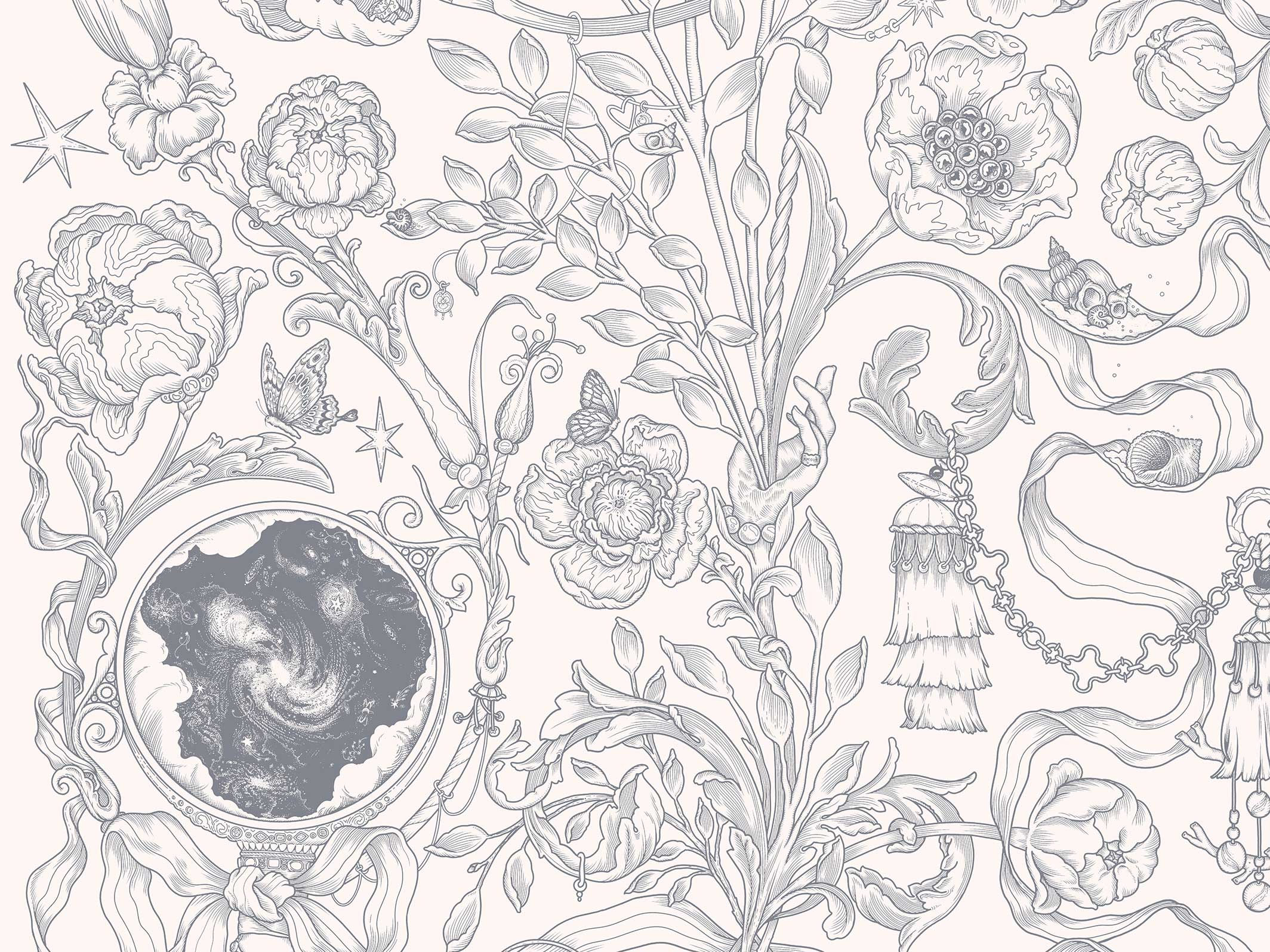 Panoramic wallpaper - Jardin Merveilleux - Beige & Gris perle