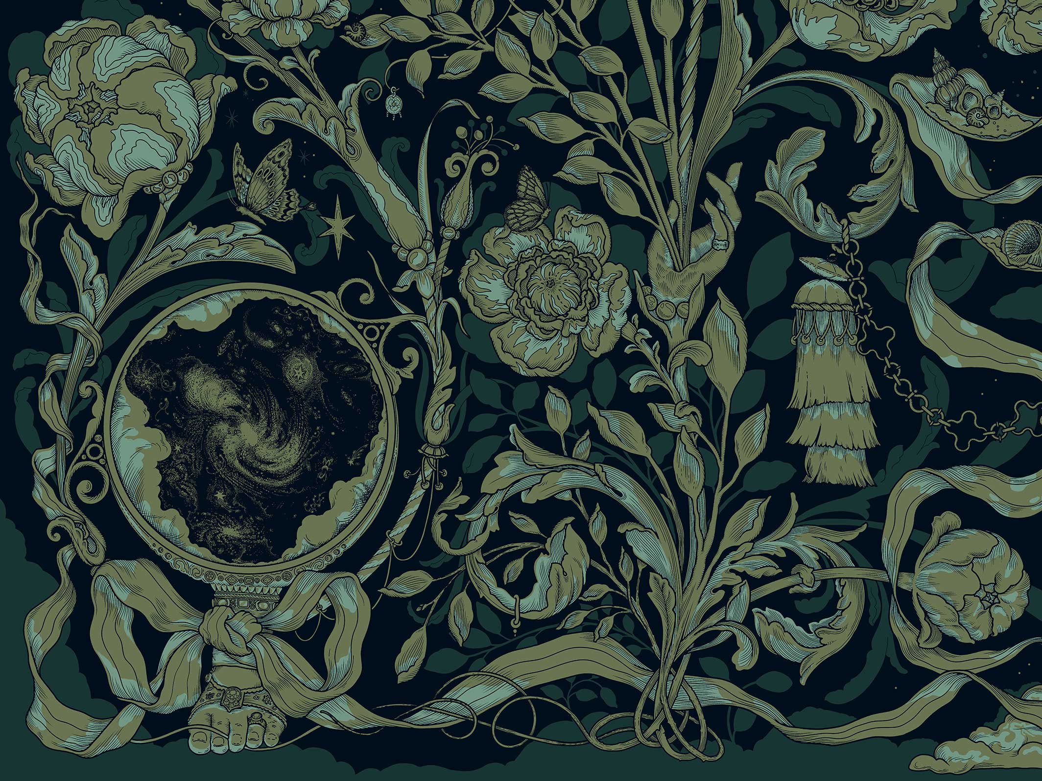 Papier peint panoramique - Jardin Merveilleux - Bleu nuit & Vert