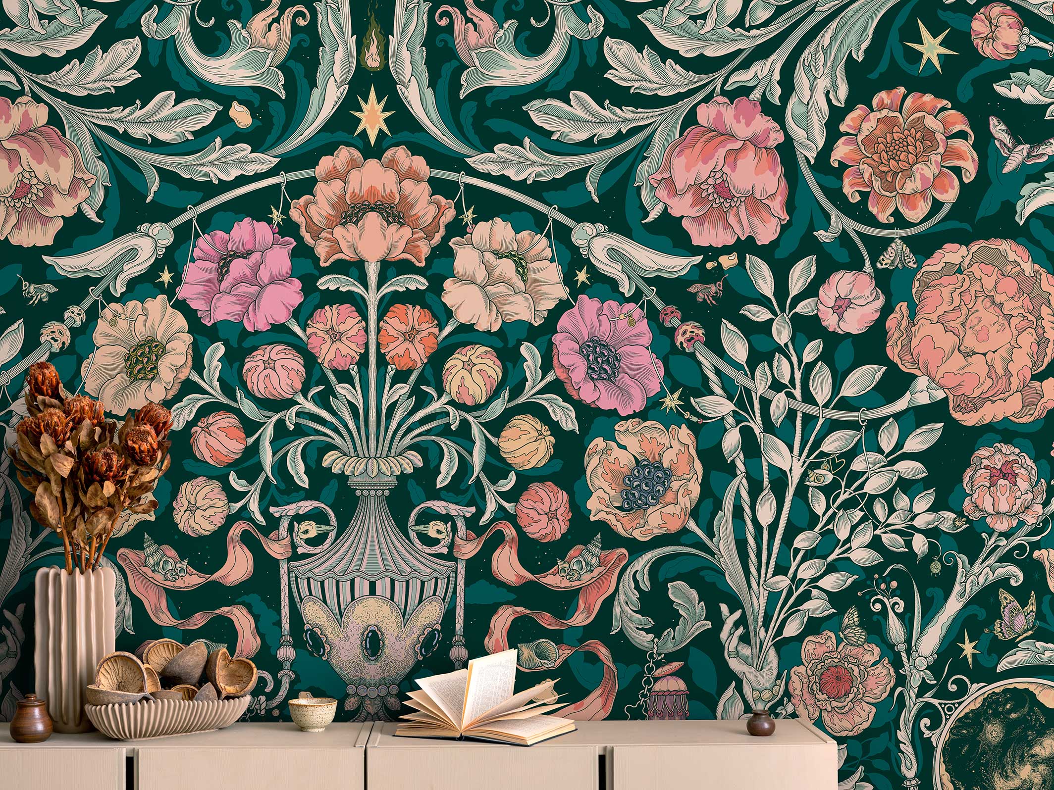 Papier peint panoramique - Jardin Merveilleux - Vert oxford & Rose
