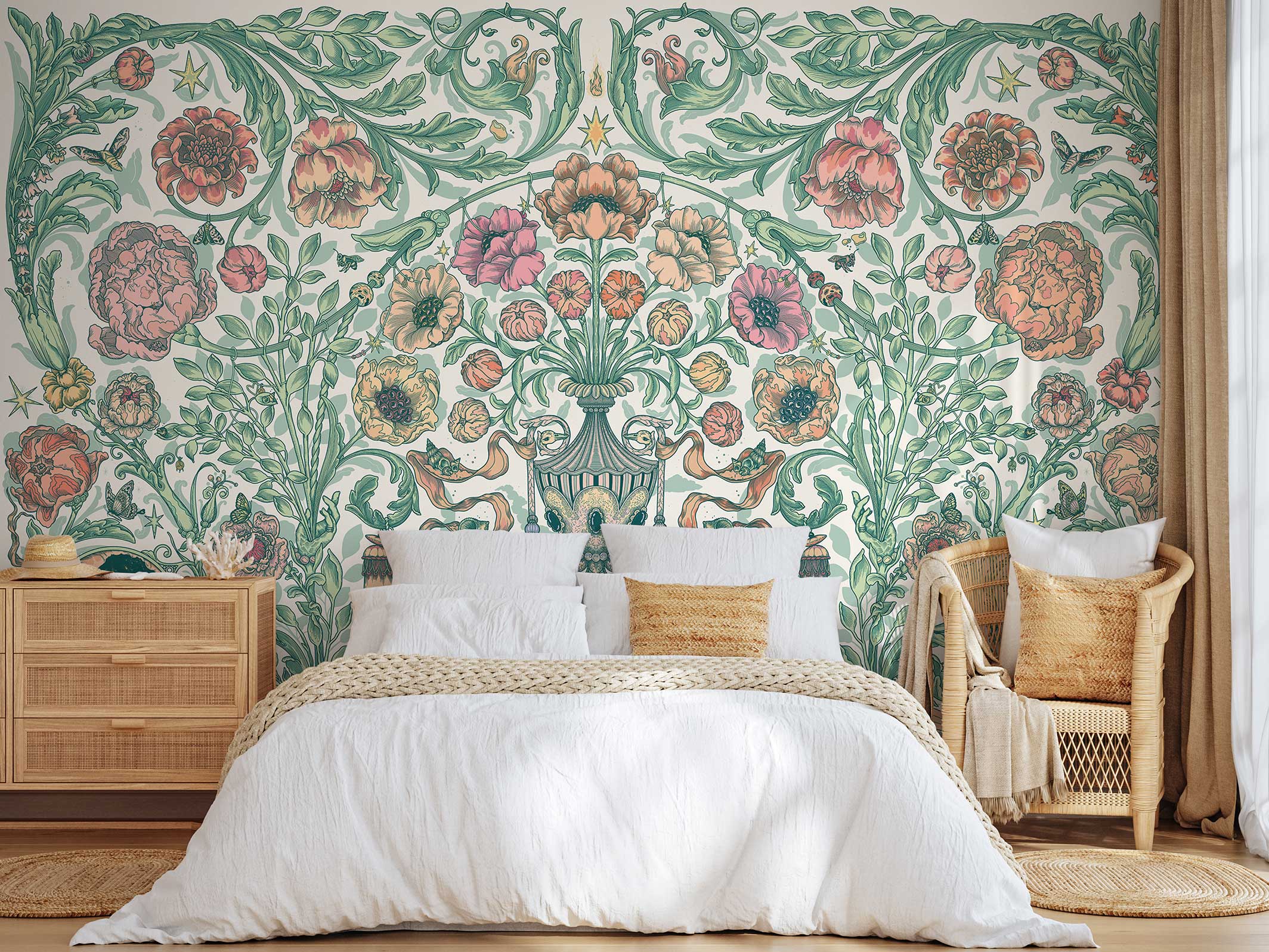 Papier peint panoramique - Jardin Merveilleux - Vert tendre & Rose