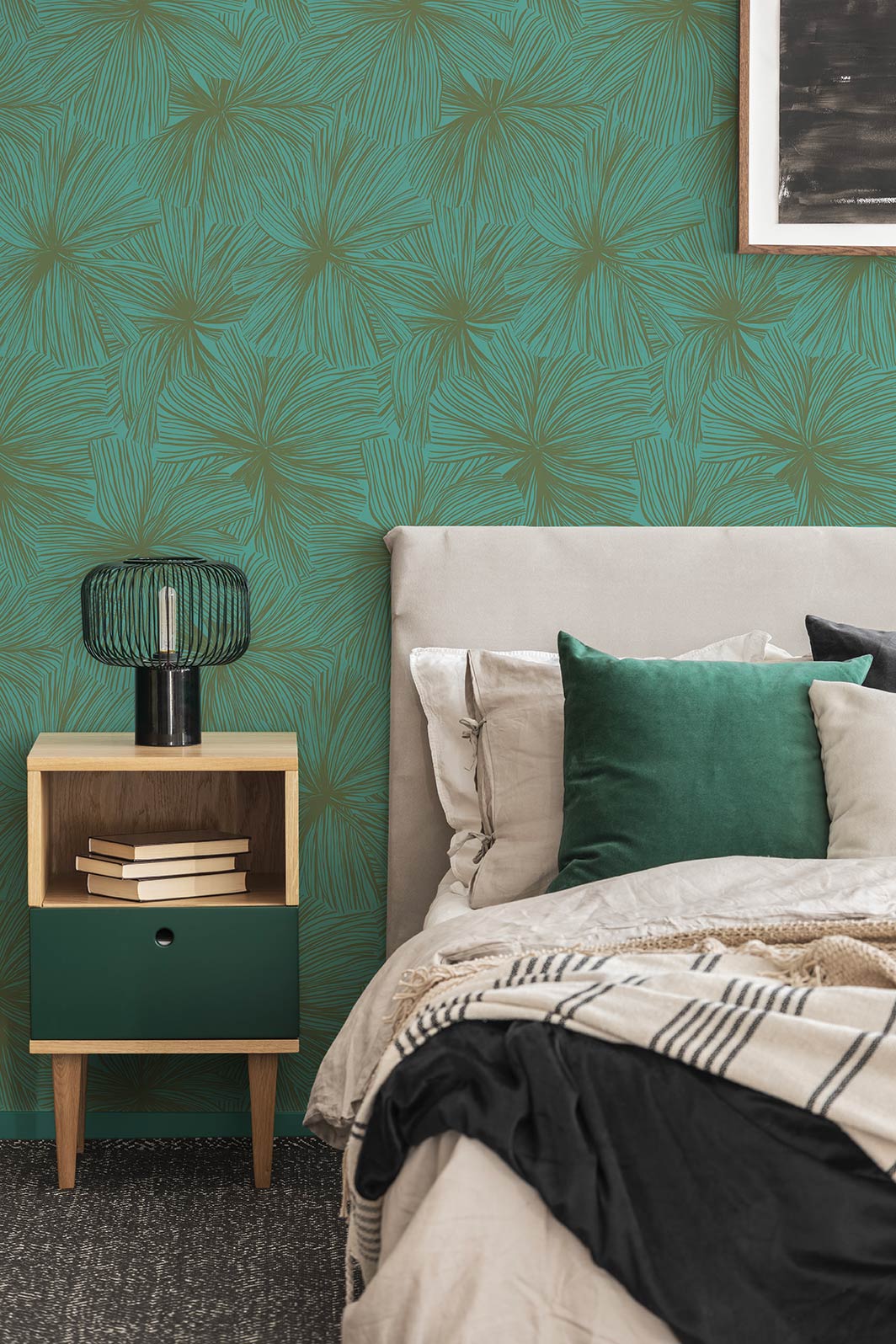 Papier peint jungle - Manon - Vert lagon & Vert kaki dans une chambre