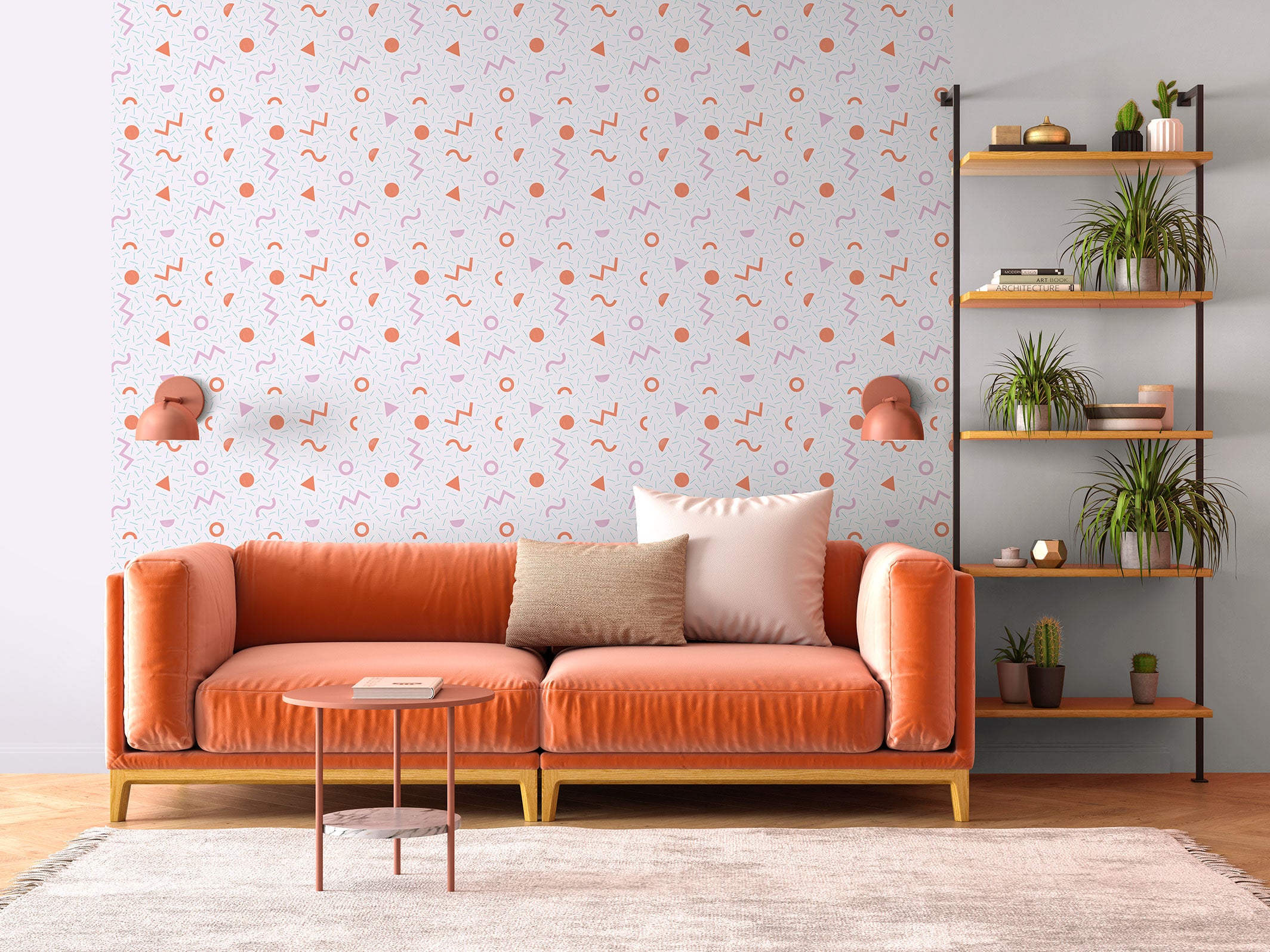 Papier peint Mila - Corail, Mauve, Bleu dans un salon