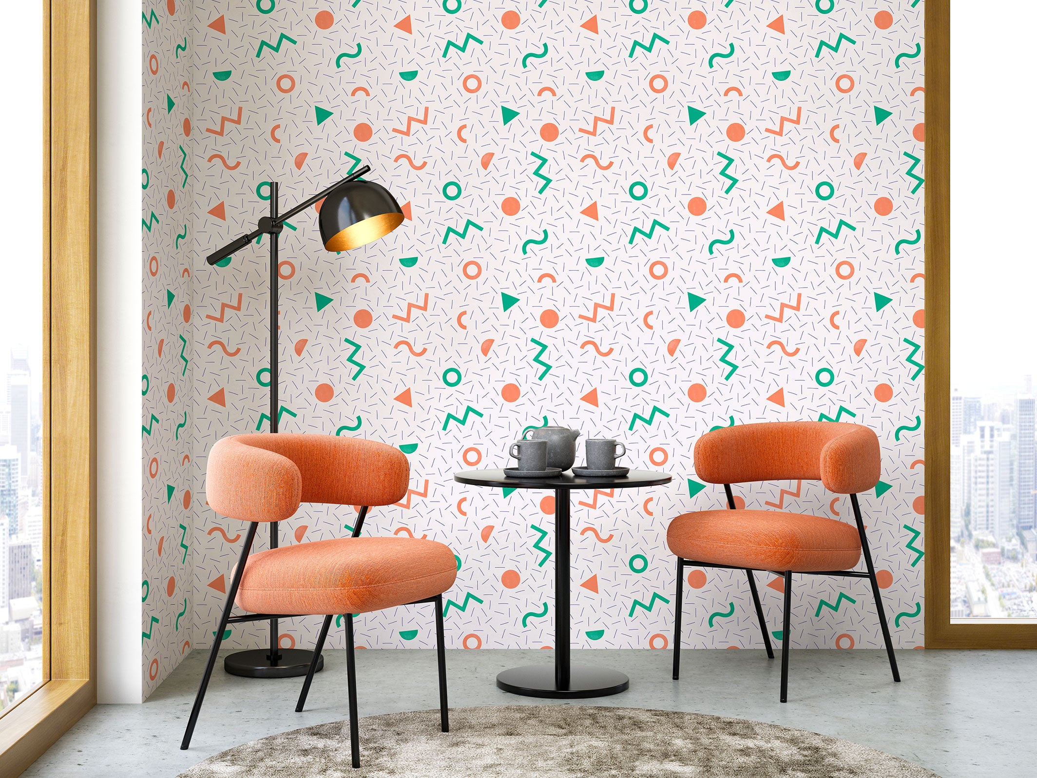 Papier peint graphique - Mila - Corail, Vert, Bleu