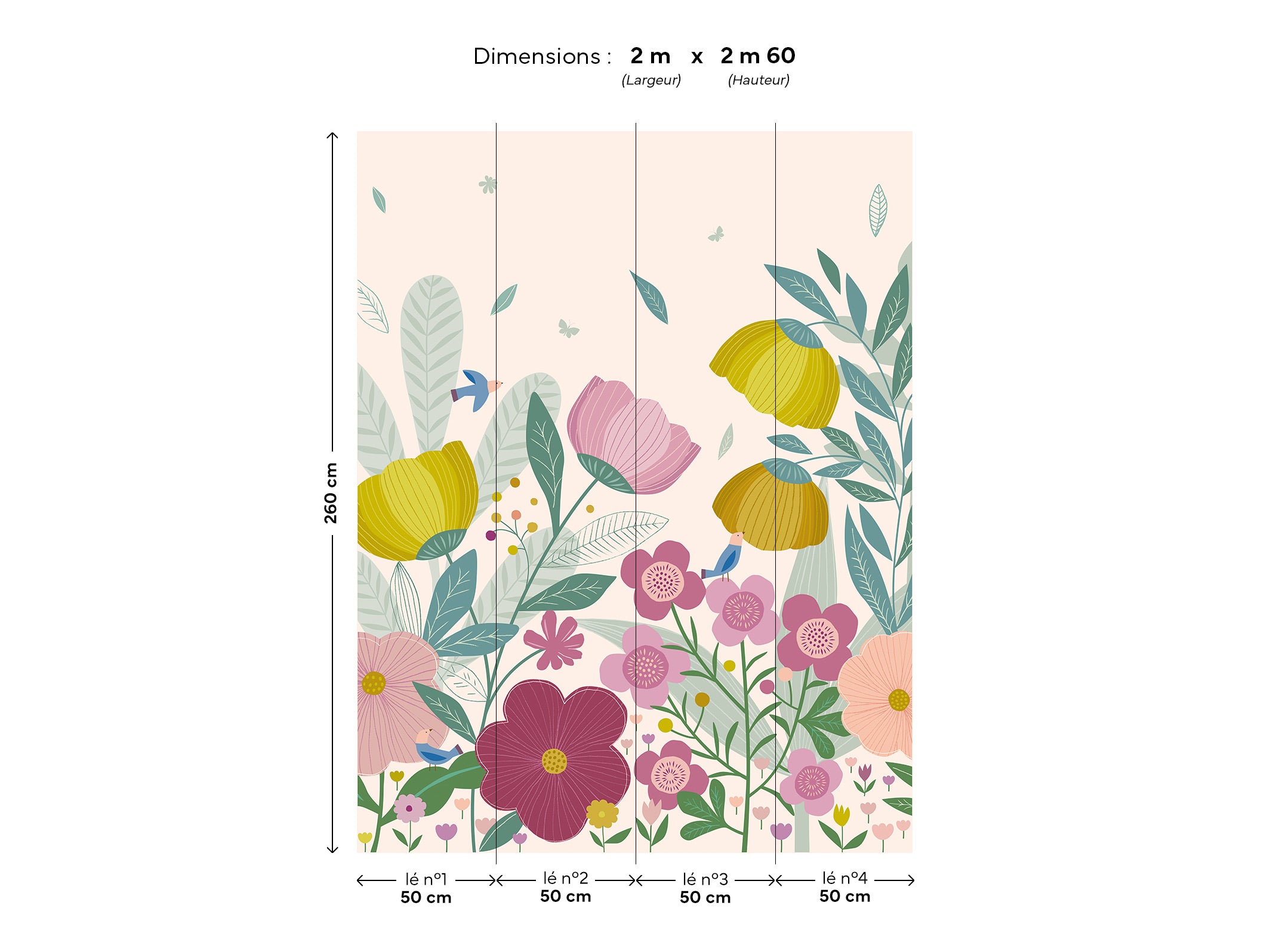 Décor Promenade champêtre - écru et rose, version 2 m de large, livrée en 4 lés.