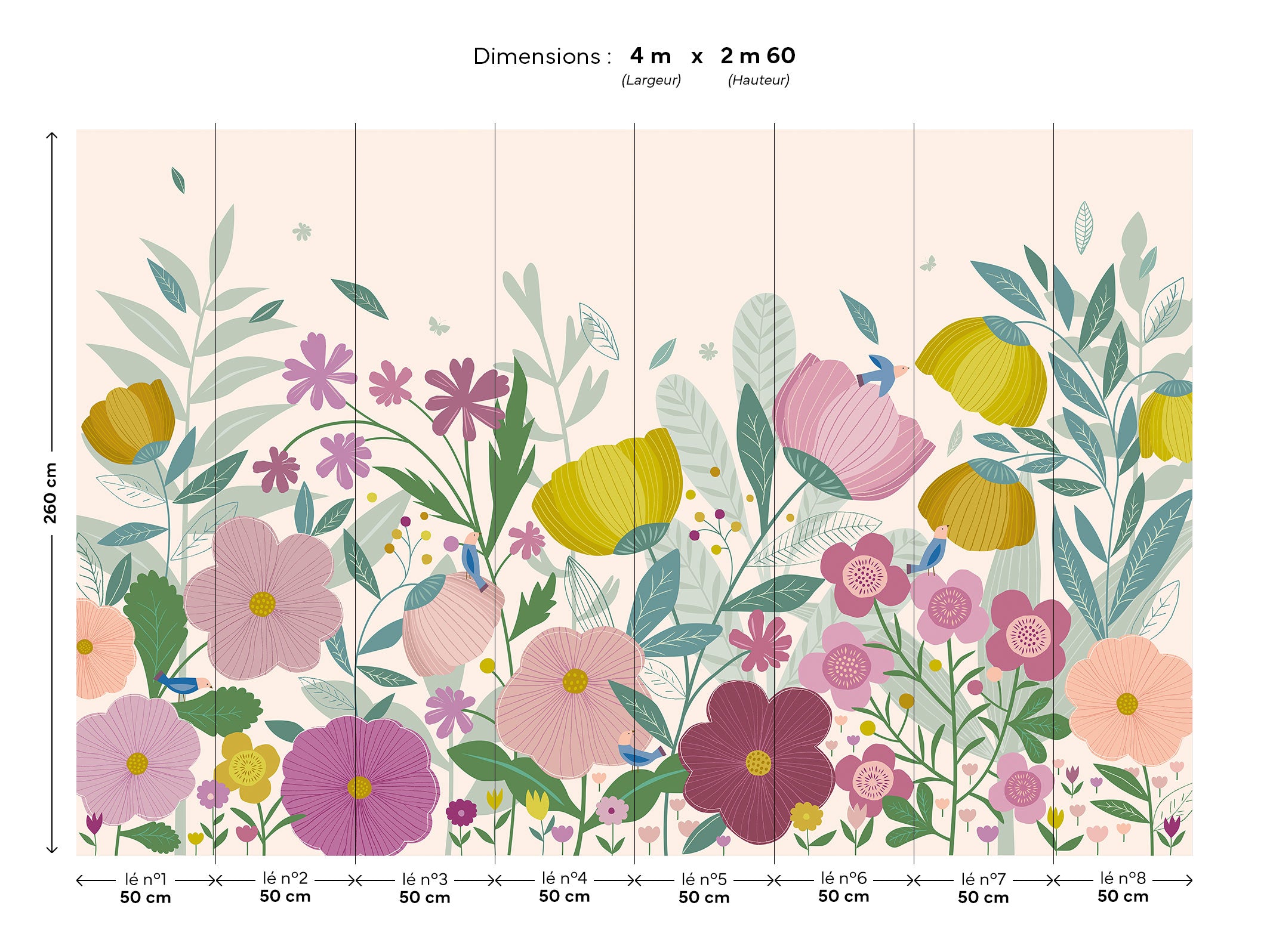 Décor Promenade champêtre - écru et rose, version 4 m de large livrée en 8 lés.