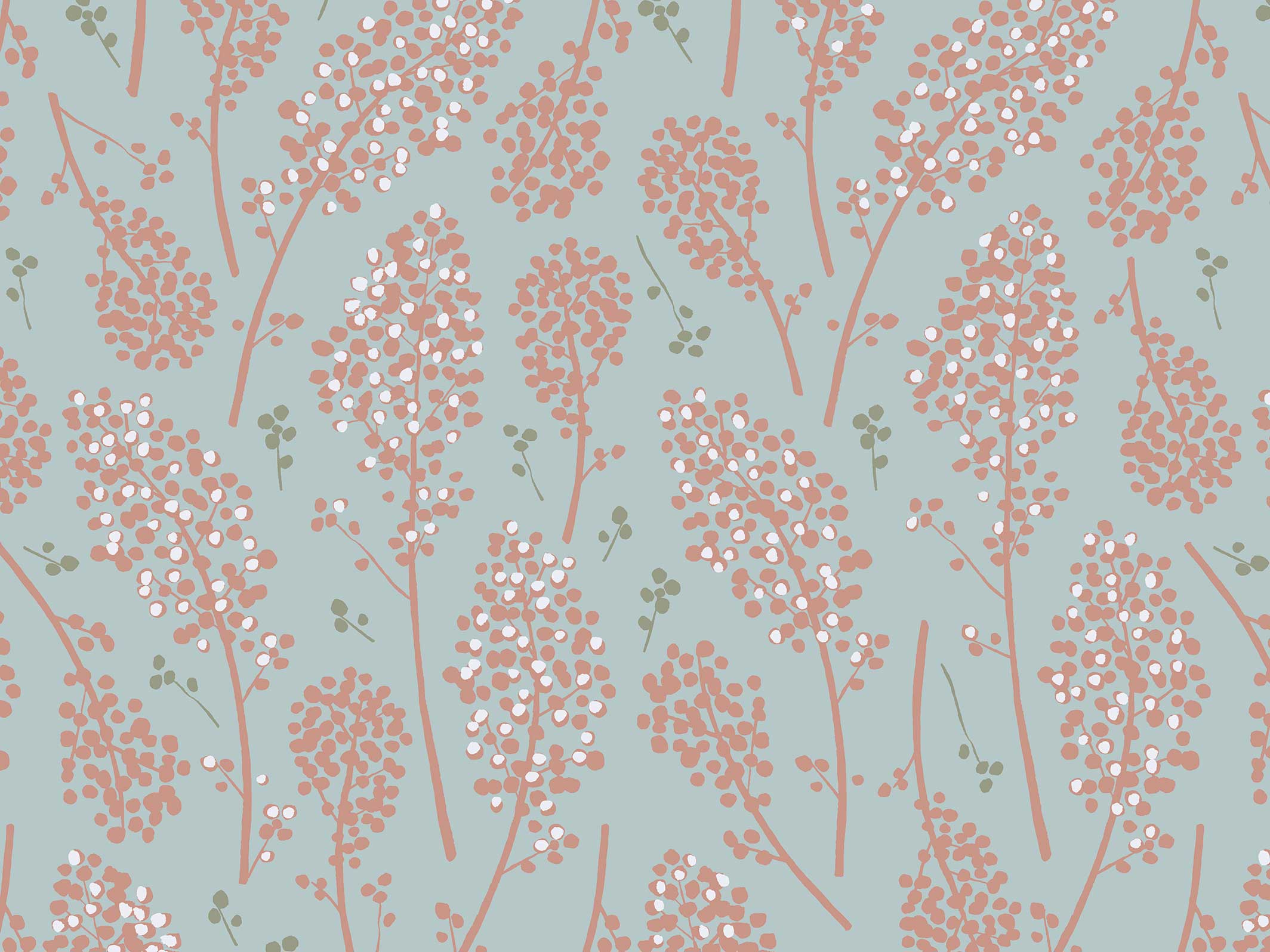 Papier peint floral - Suzie - Vert tendre & Rose thé - motif seul