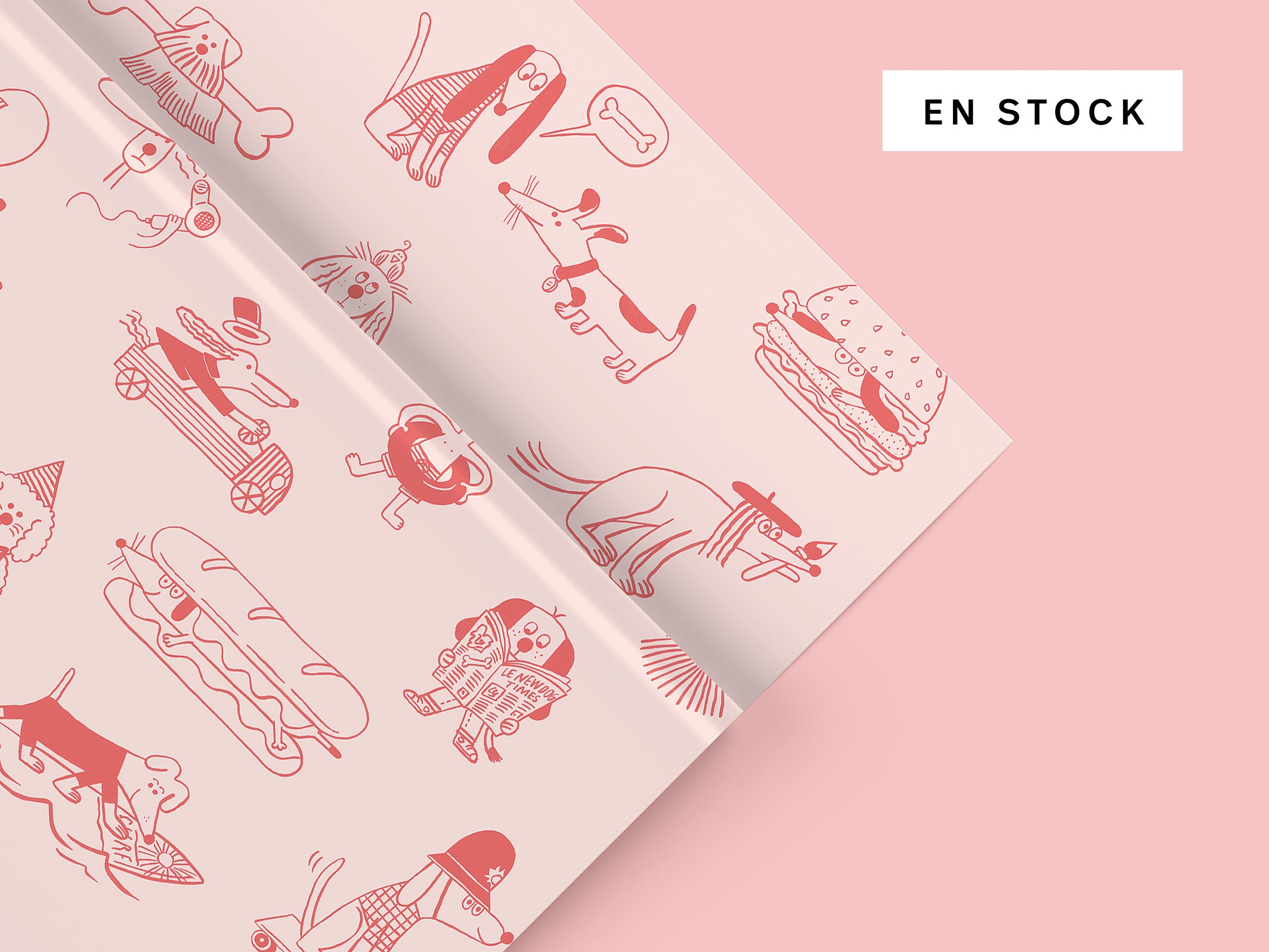 Papier peint chiens - Woof - Beige rosé & Rose velours - en stock