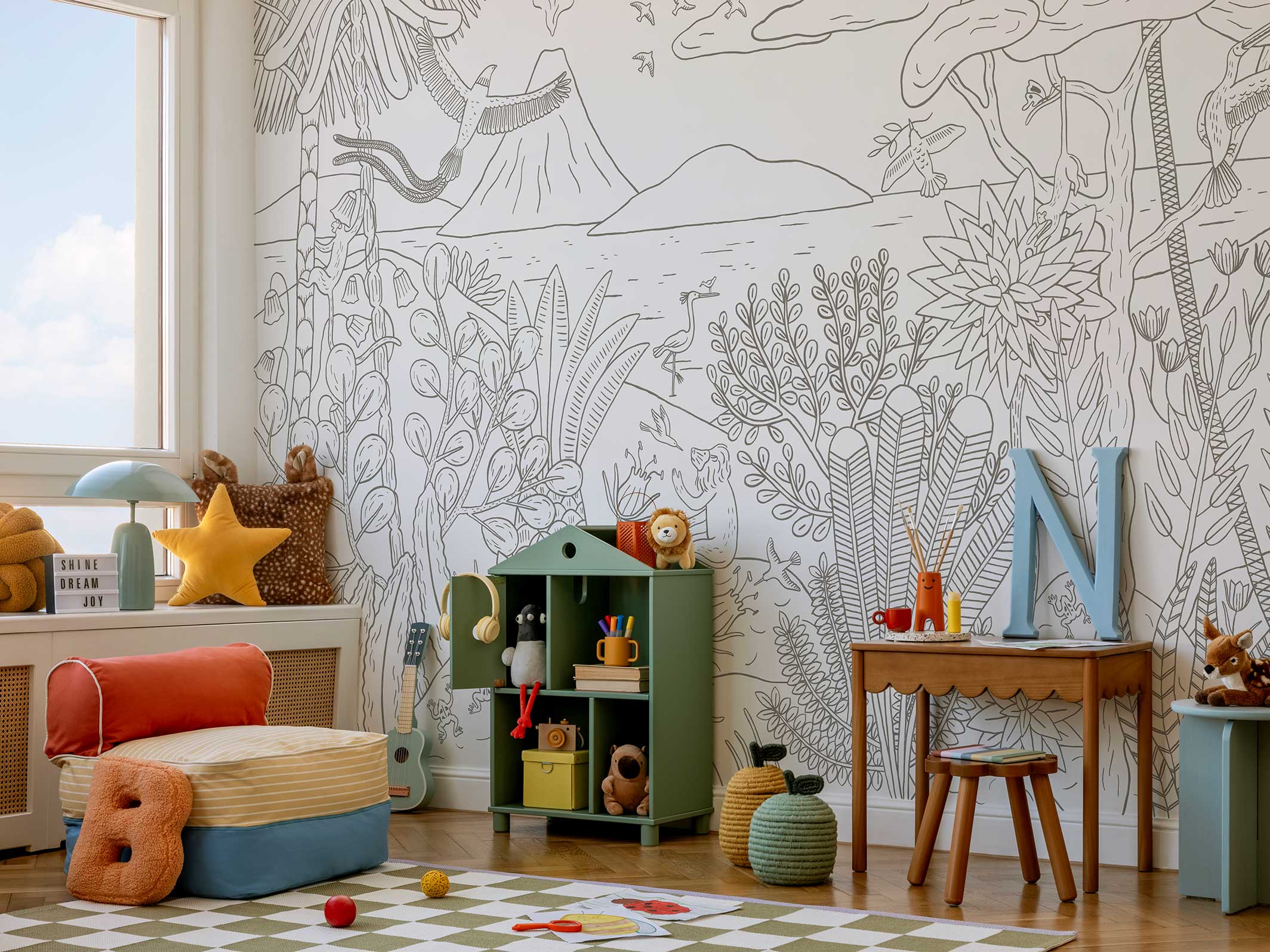 Papier peint panoramique enfants grisaille Maravilhas - Maison Bonami - dans une chambre d'enfant colorée