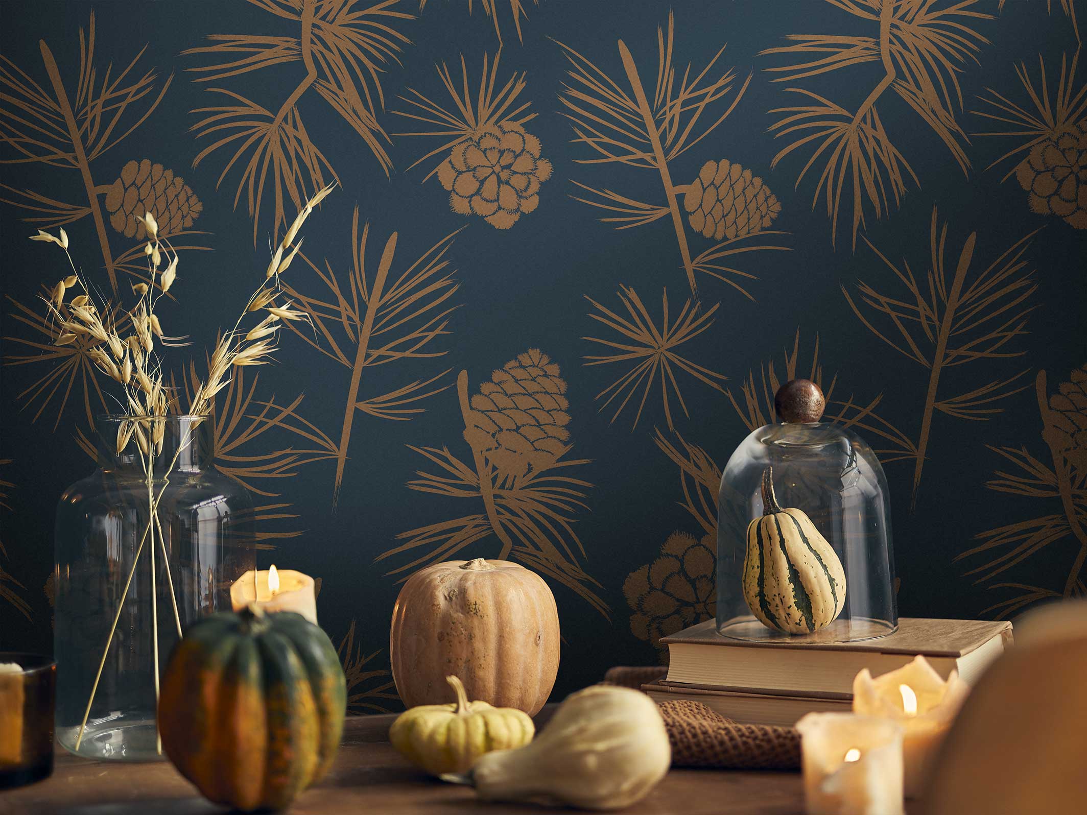 papier peint Simone - Bleu orage & Marron glacé décoration cosy automnale