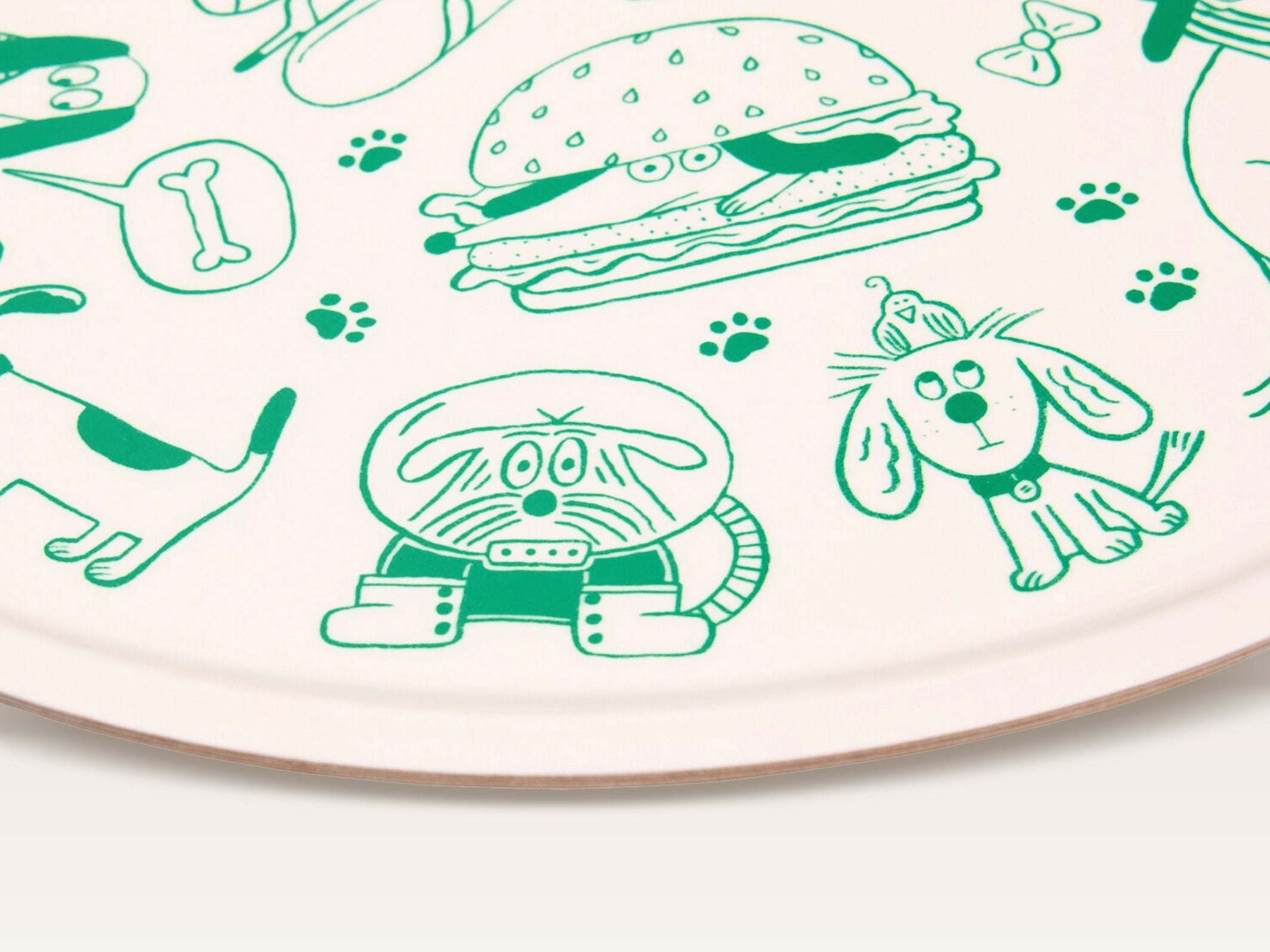 Plateau rond motif chien en bois - détail
