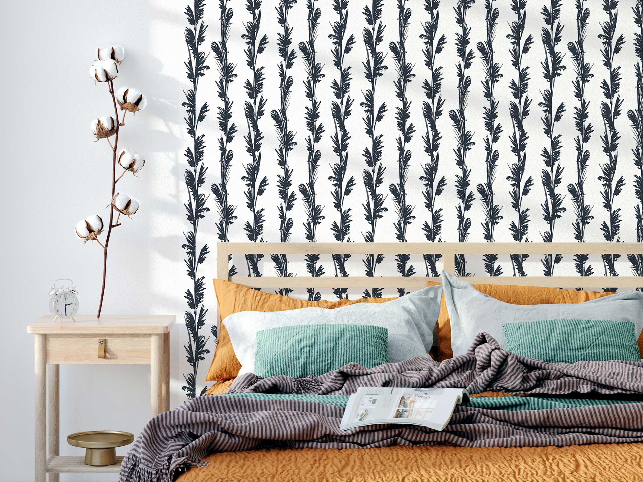 Papier peint végétal - Yvette - Blanc & Gris anthracite en tête-de-lit