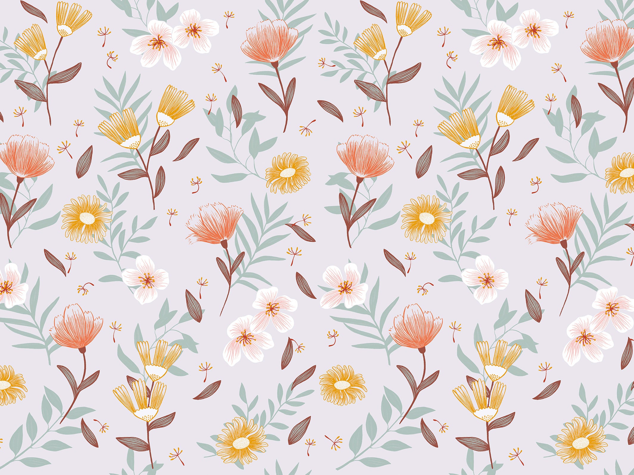 Papier peint floral - Adèle - Gris de lin & Rose Agrume