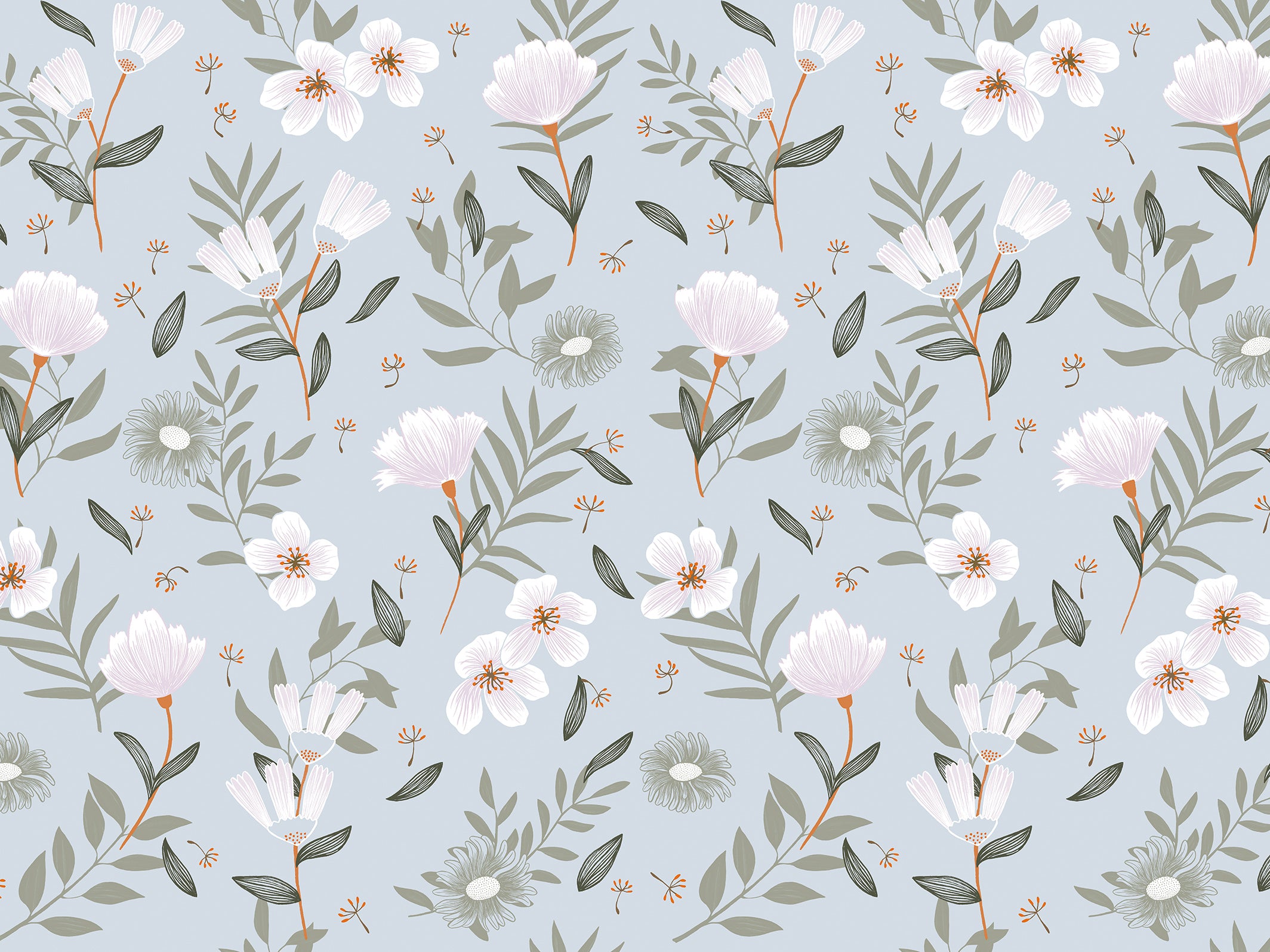 Papier peint floral - Adèle - Vert d’eau & Rose saumon