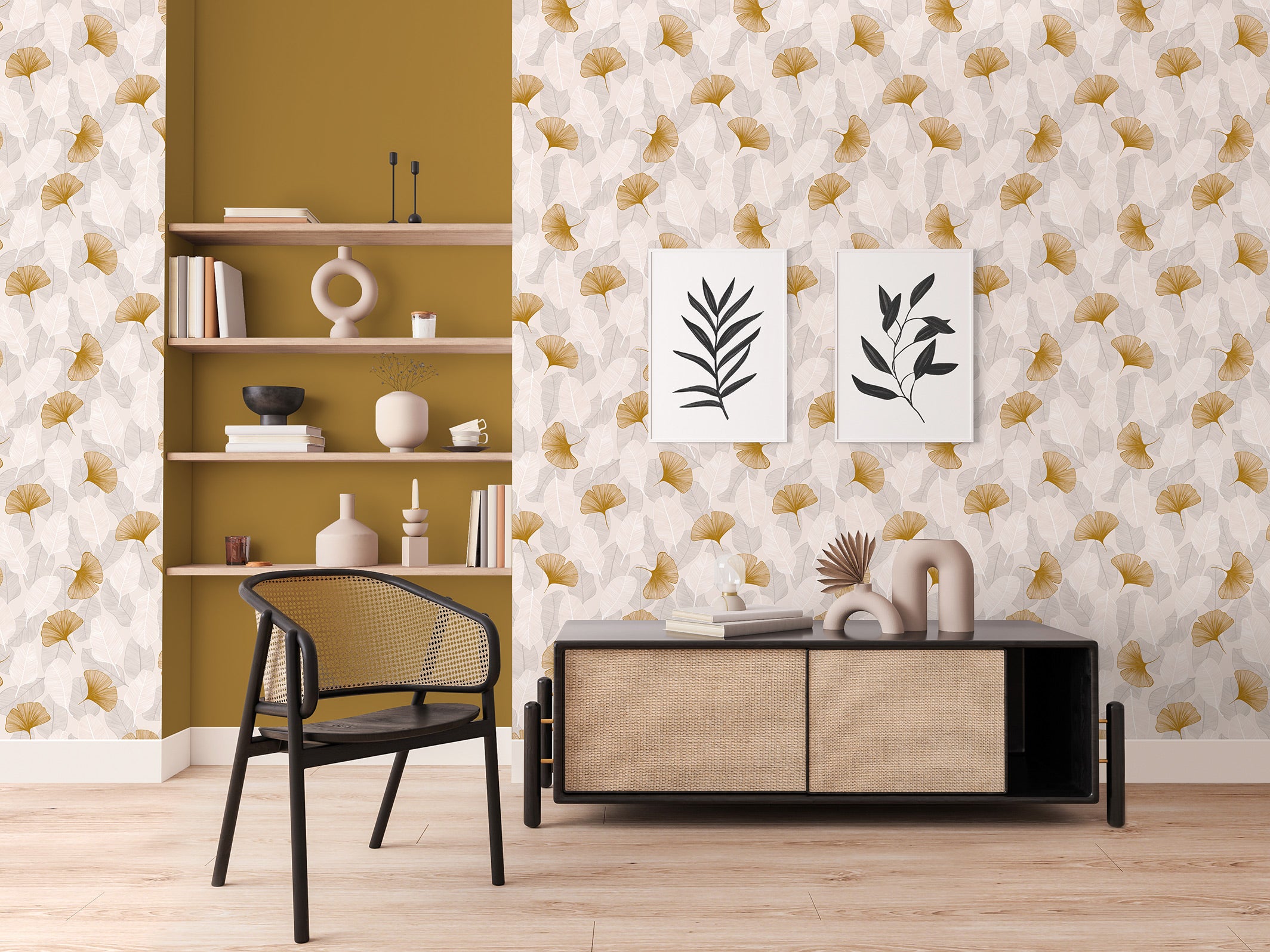 Papier peint Elisa, Beige champagne & Ocre doré, dans un salon