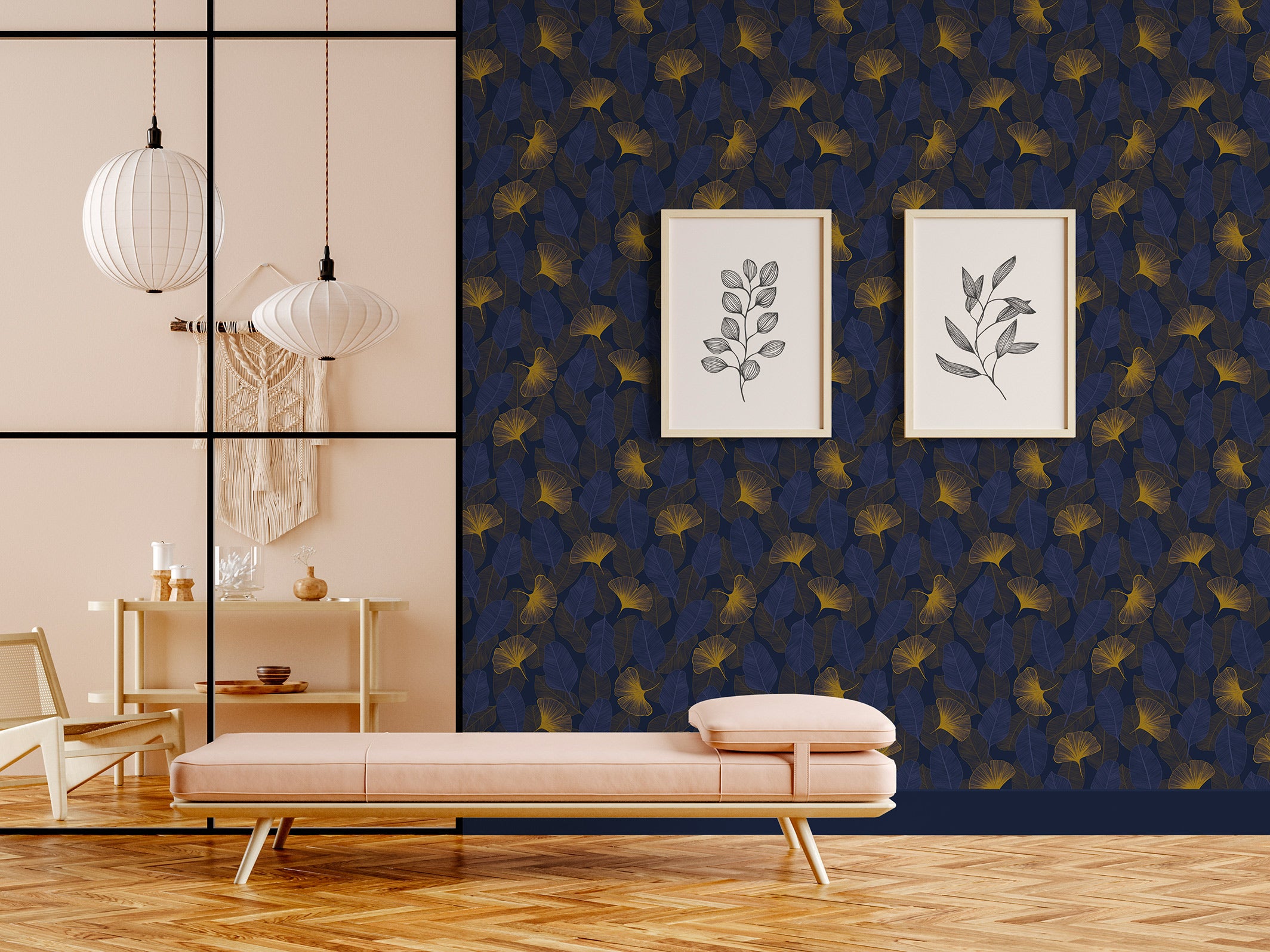 Elisa, Bleu nuit et Ocre doré, dans un cabinet