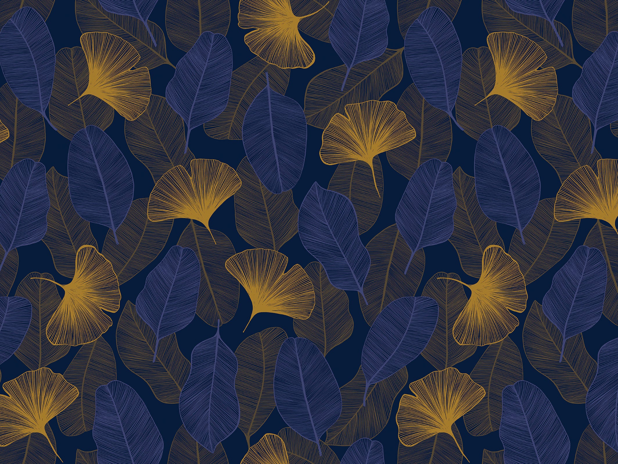 Papier peint floral - Elisa - Bleu nuit & Ocre doré
