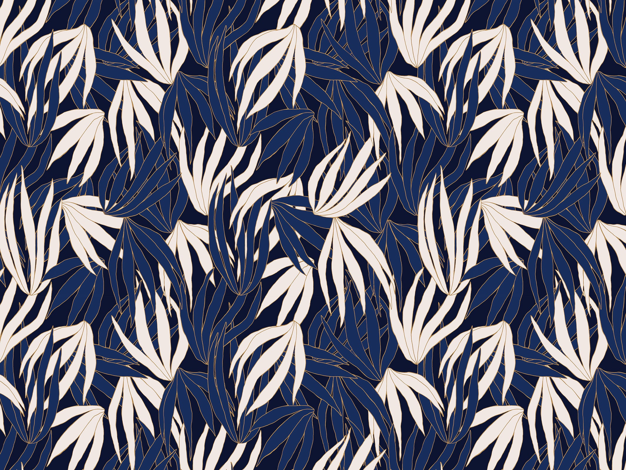 Papier peint jungle - Golden Corals - Bleu nuit & Beige cendré