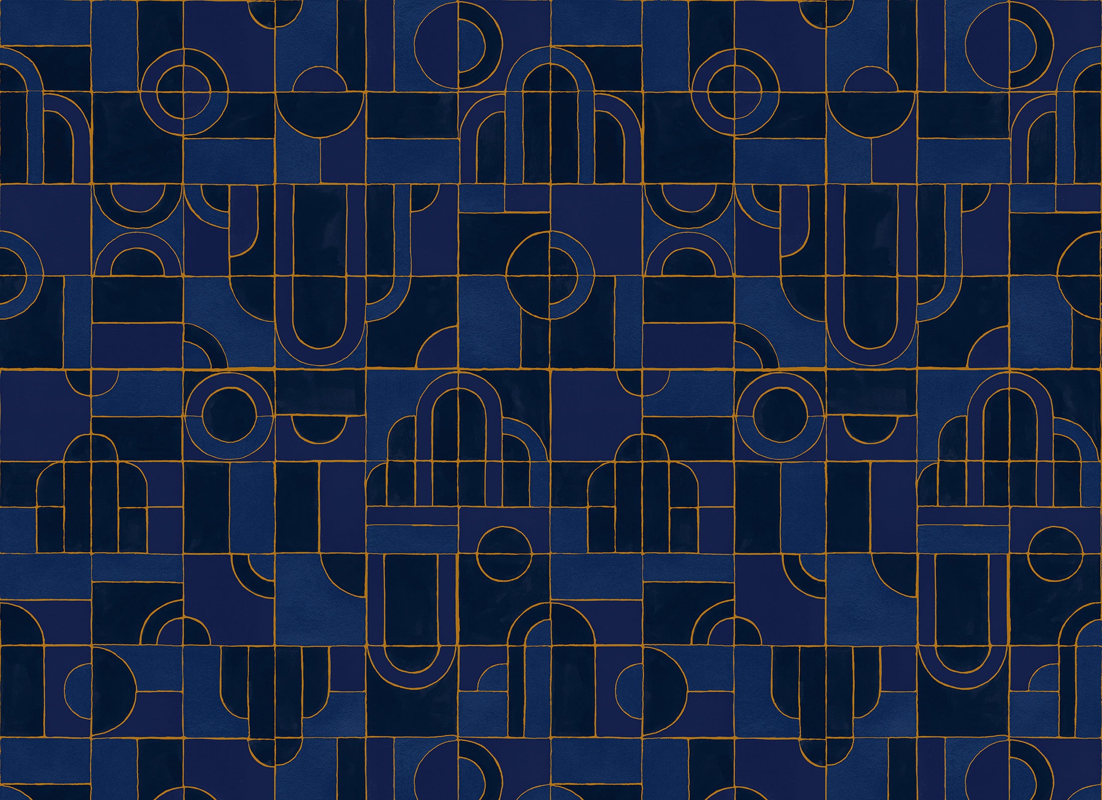 Papier peint géométrique - Golden Twenties - Bleu nuit & Ocre doré