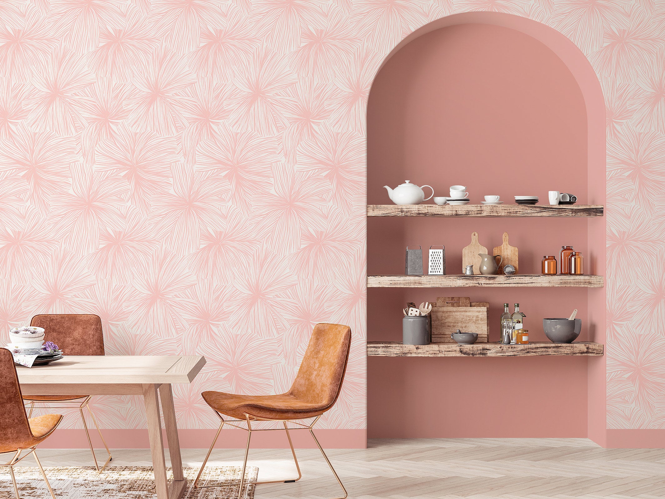 Papier peint jungle - Manon - Beige rosé & Rose poudré