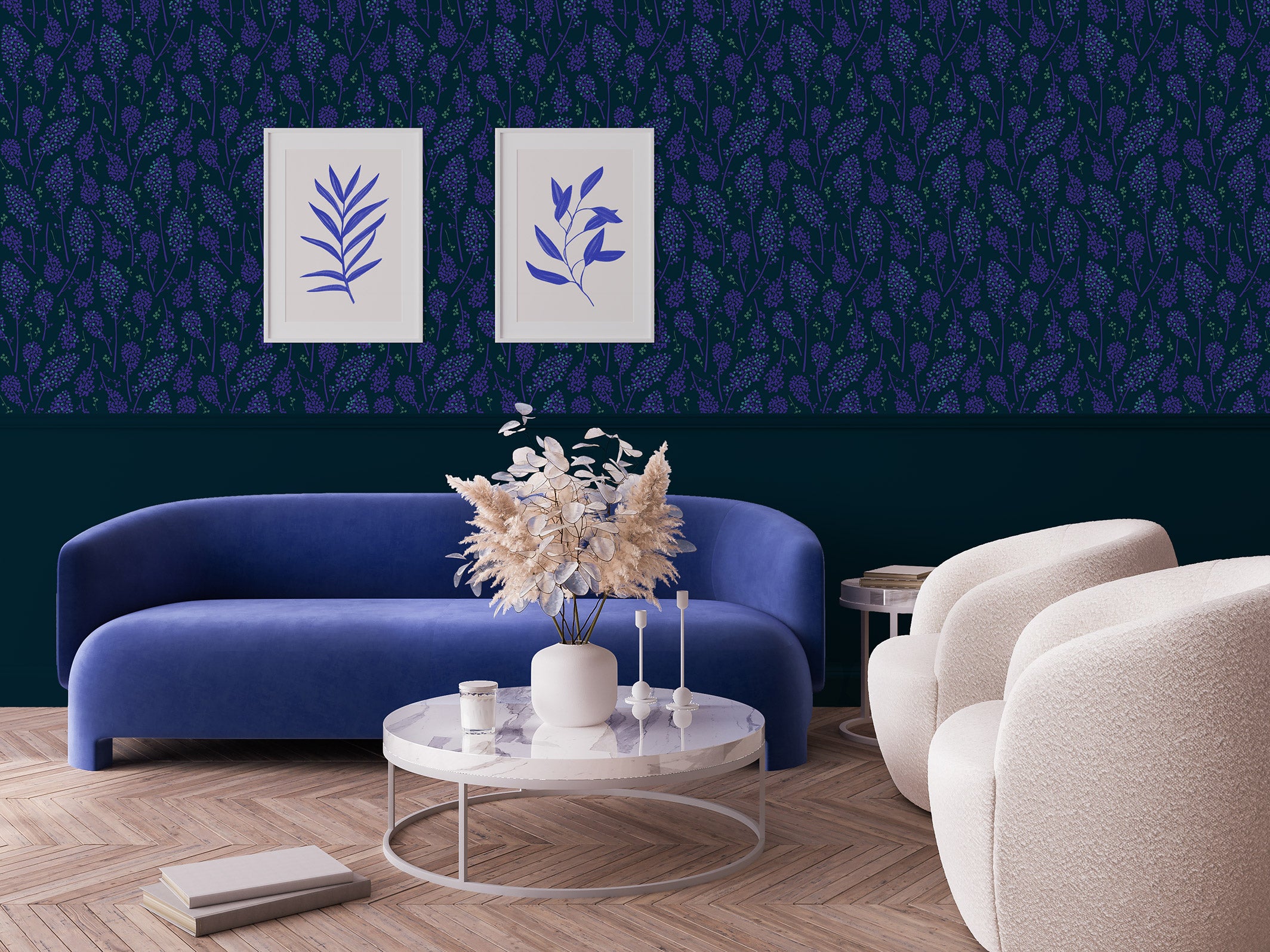 Floral wallpaper - Suzie - Bleu nuit & Bleu indigo