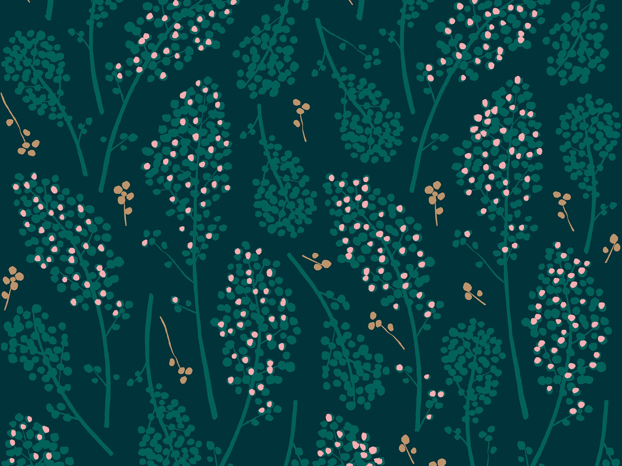 Floral wallpaper - Suzie - Vert sapin & Rose pêche
