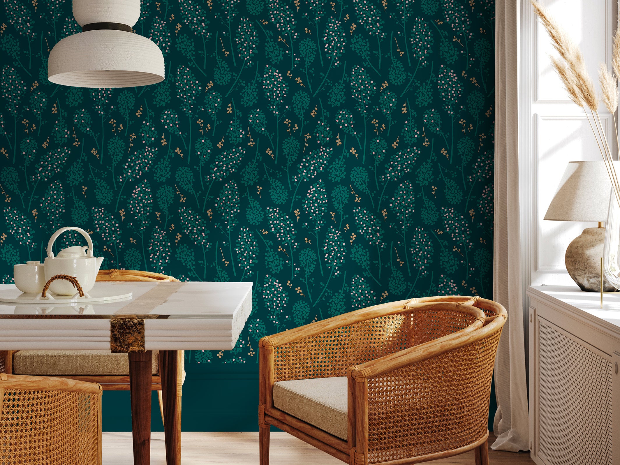 Floral wallpaper - Suzie - Vert sapin & Rose pêche