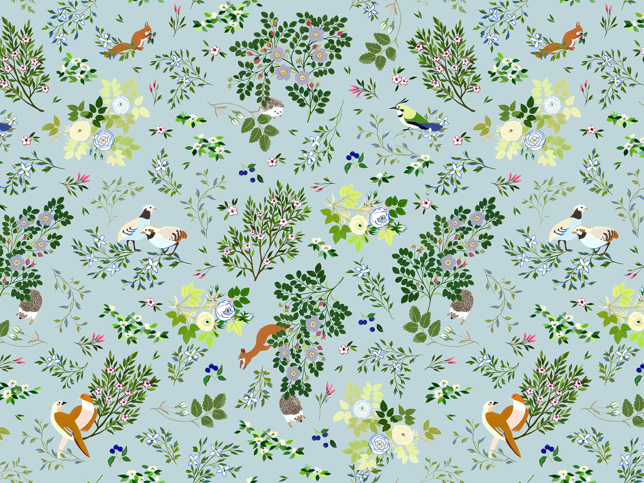 Papier peint romantique - Le Temps des Fleurs - Bleu porcelaine
