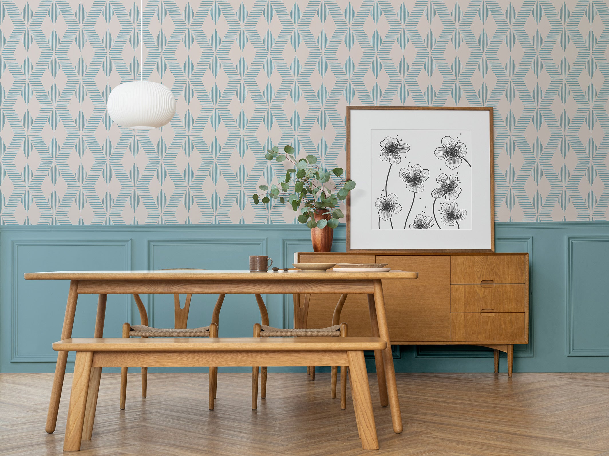 Andrée - Sable et Bleu fumé, dans une salle-à-manger scandinave