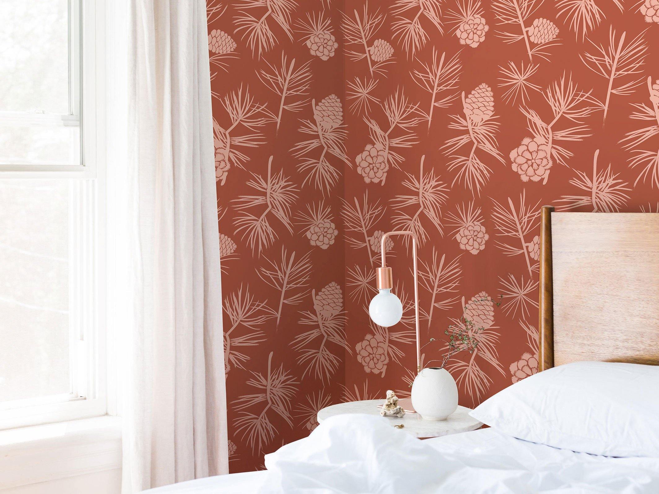 Papier peint Simone - Terracotta & Rosée des prés en tête de lit