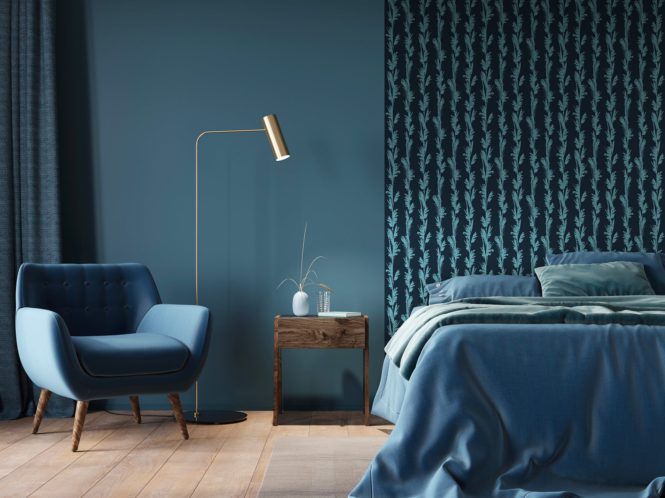 Plant wallpaper - Yvette - Gris anthracite & Bleu fumé