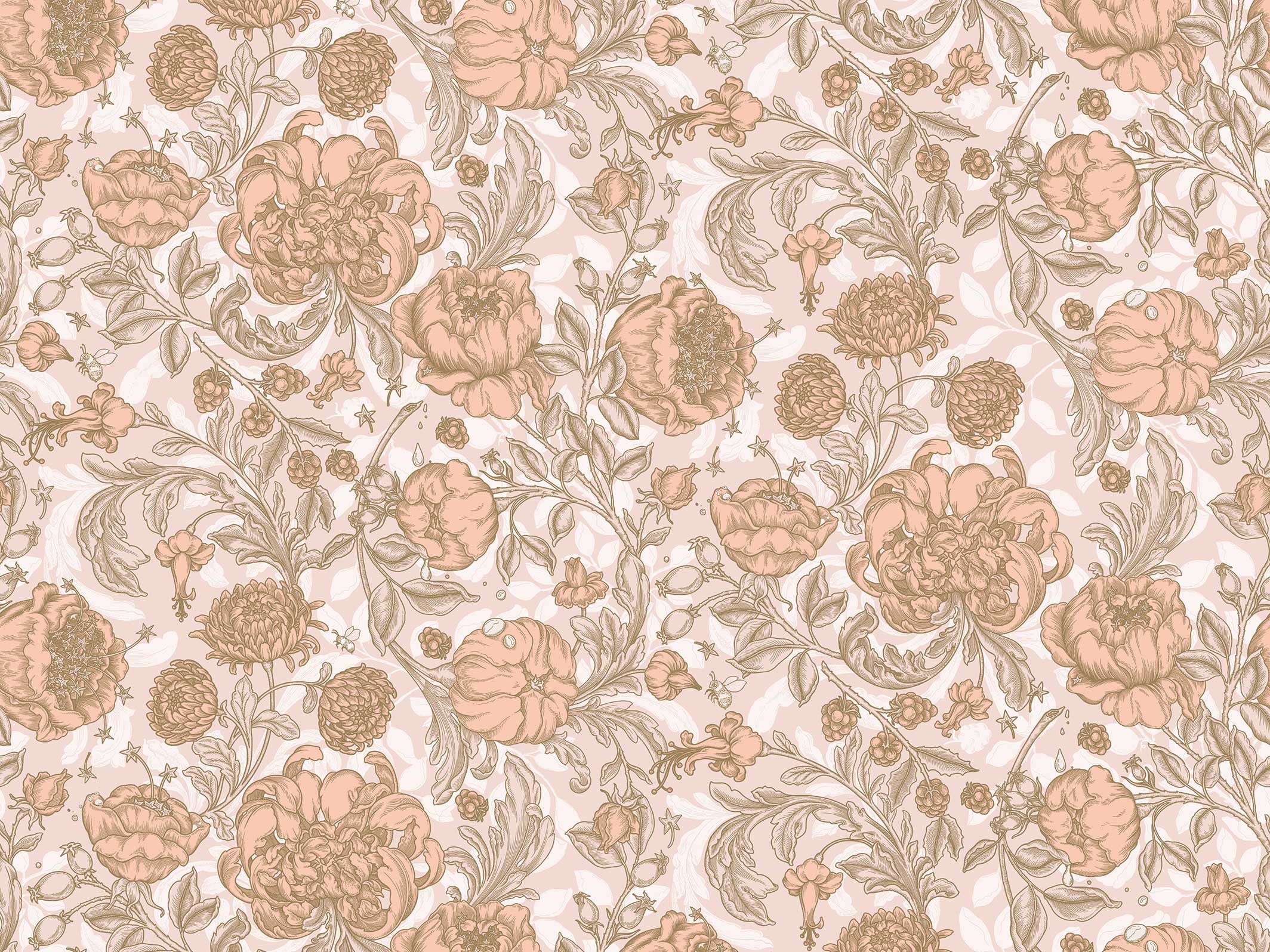 Papier peint floral - Envolée lyrique - Rose poudré & Bronze
