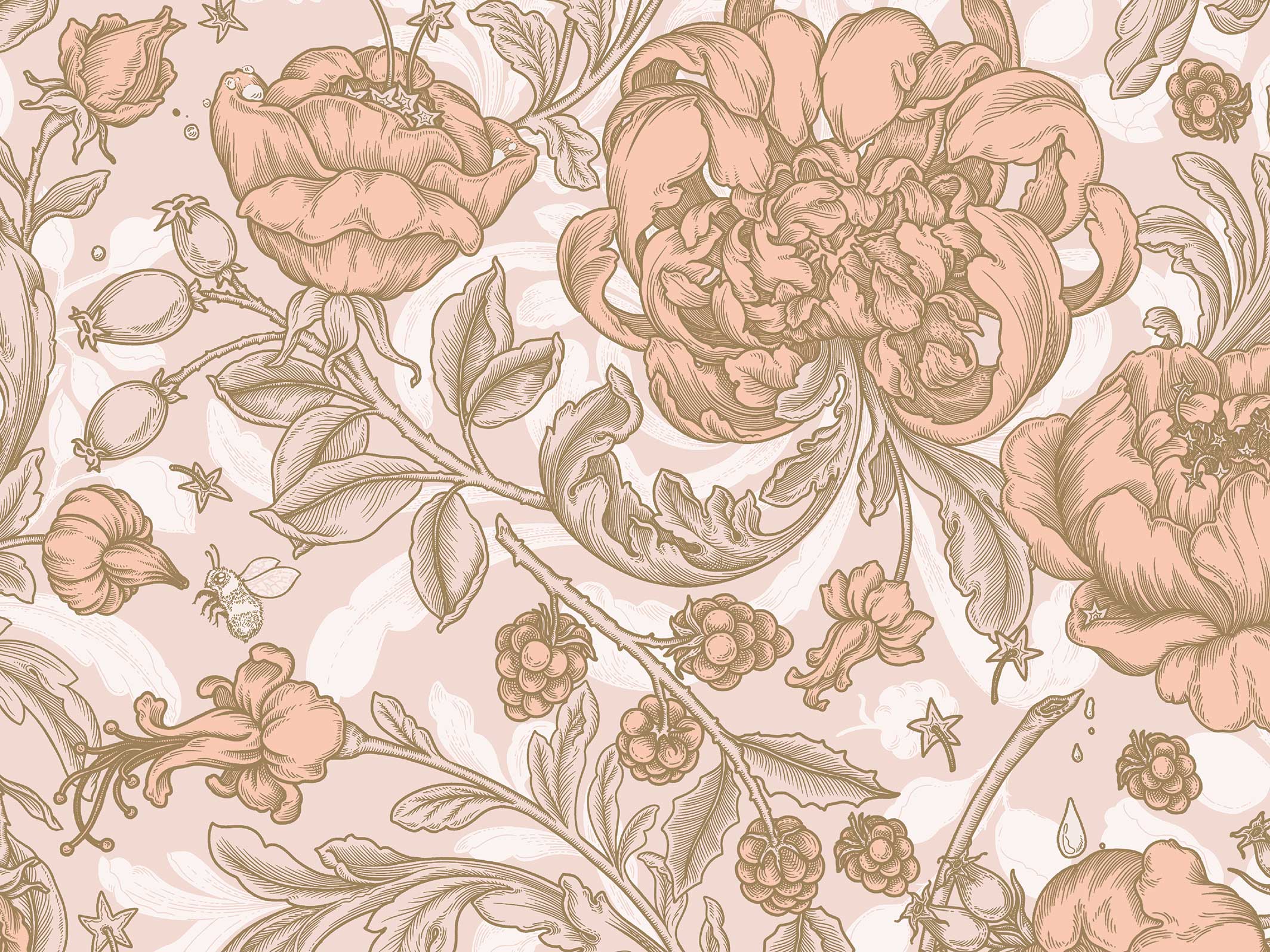 Papier peint floral - Envolée lyrique - Rose poudré & Bronze