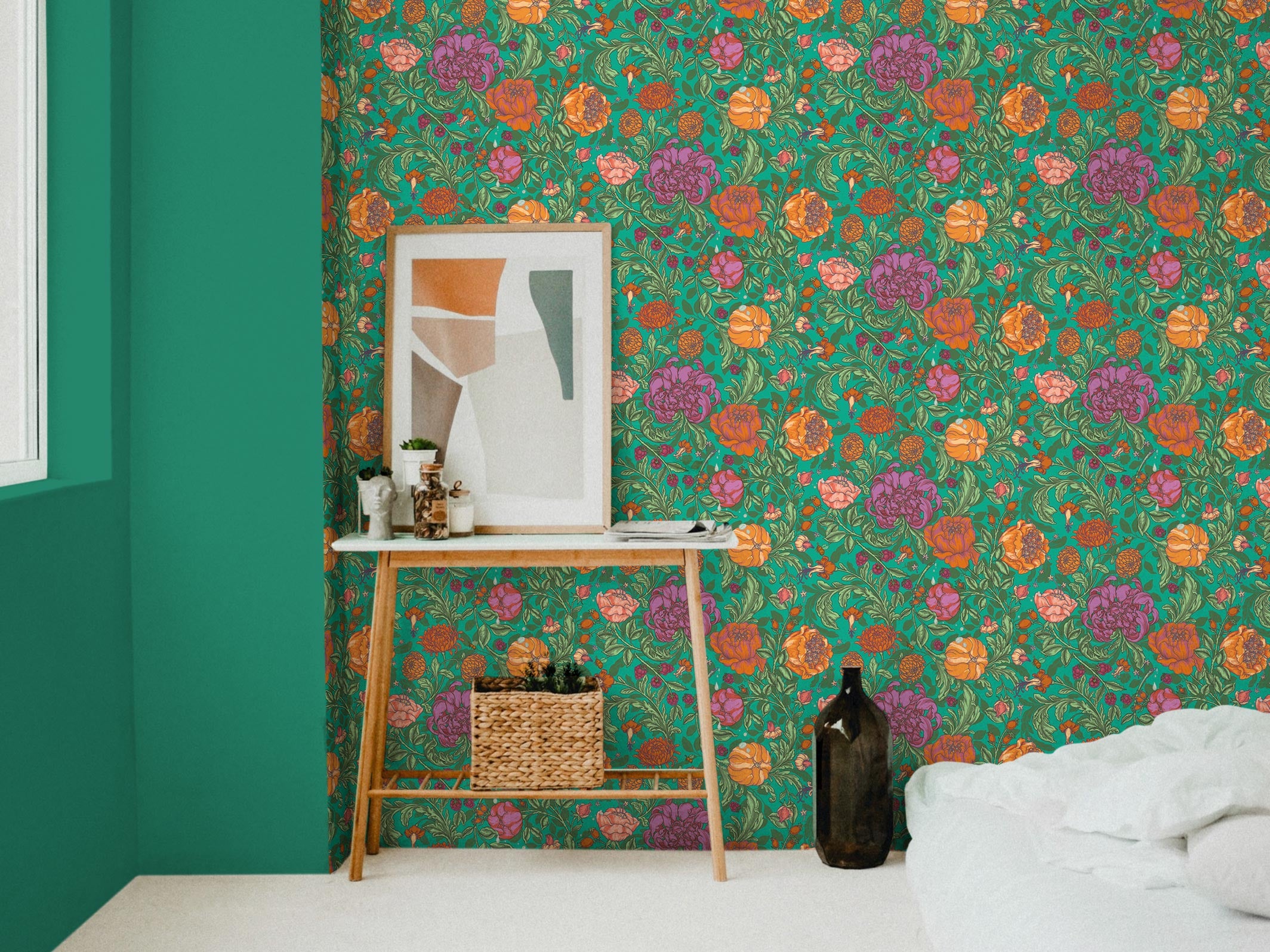 Papier peint floral - Envolée lyrique - Vert acide & Orange