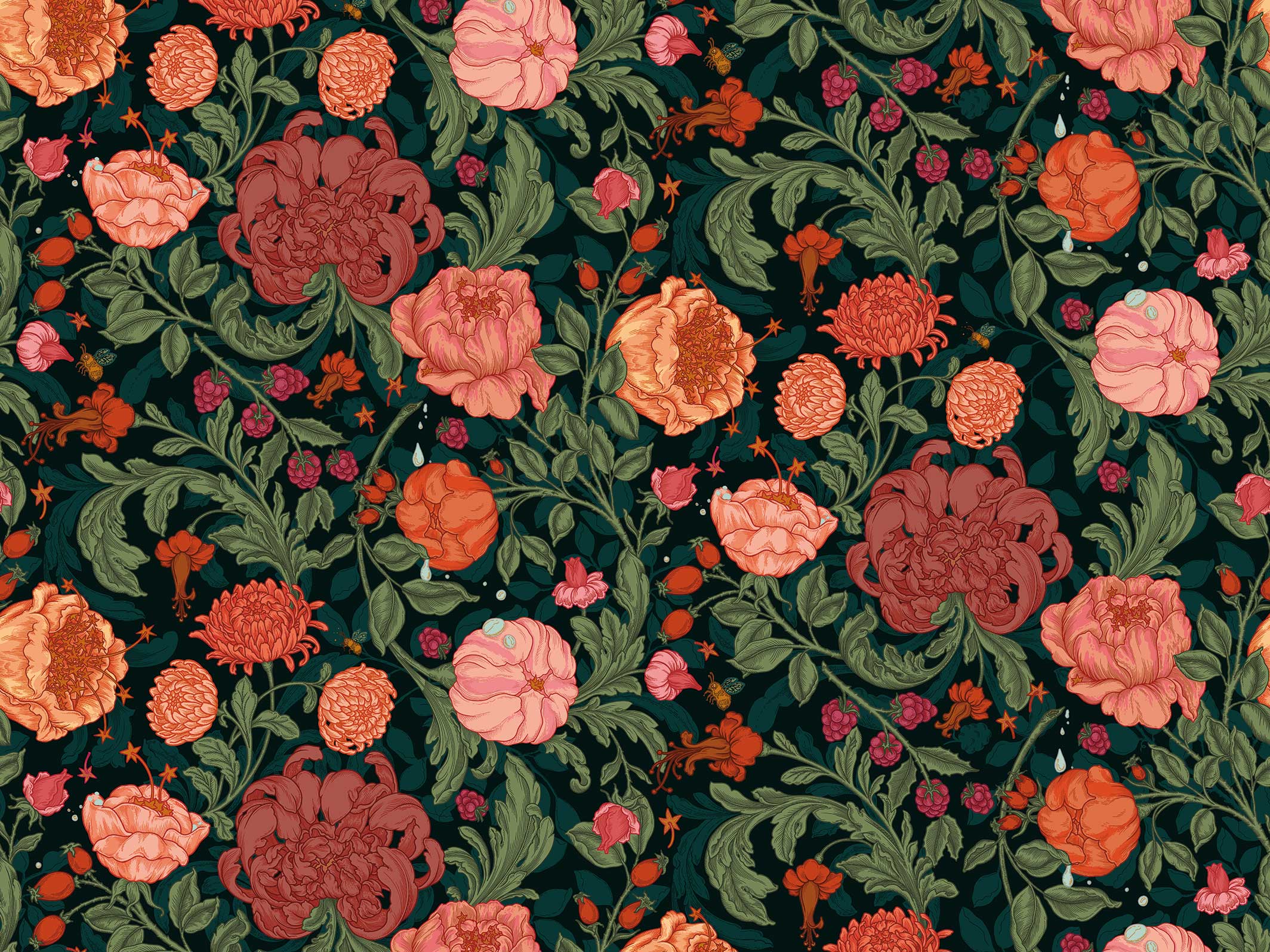 Papier peint floral - Envolée lyrique - Vert mousse & Rose