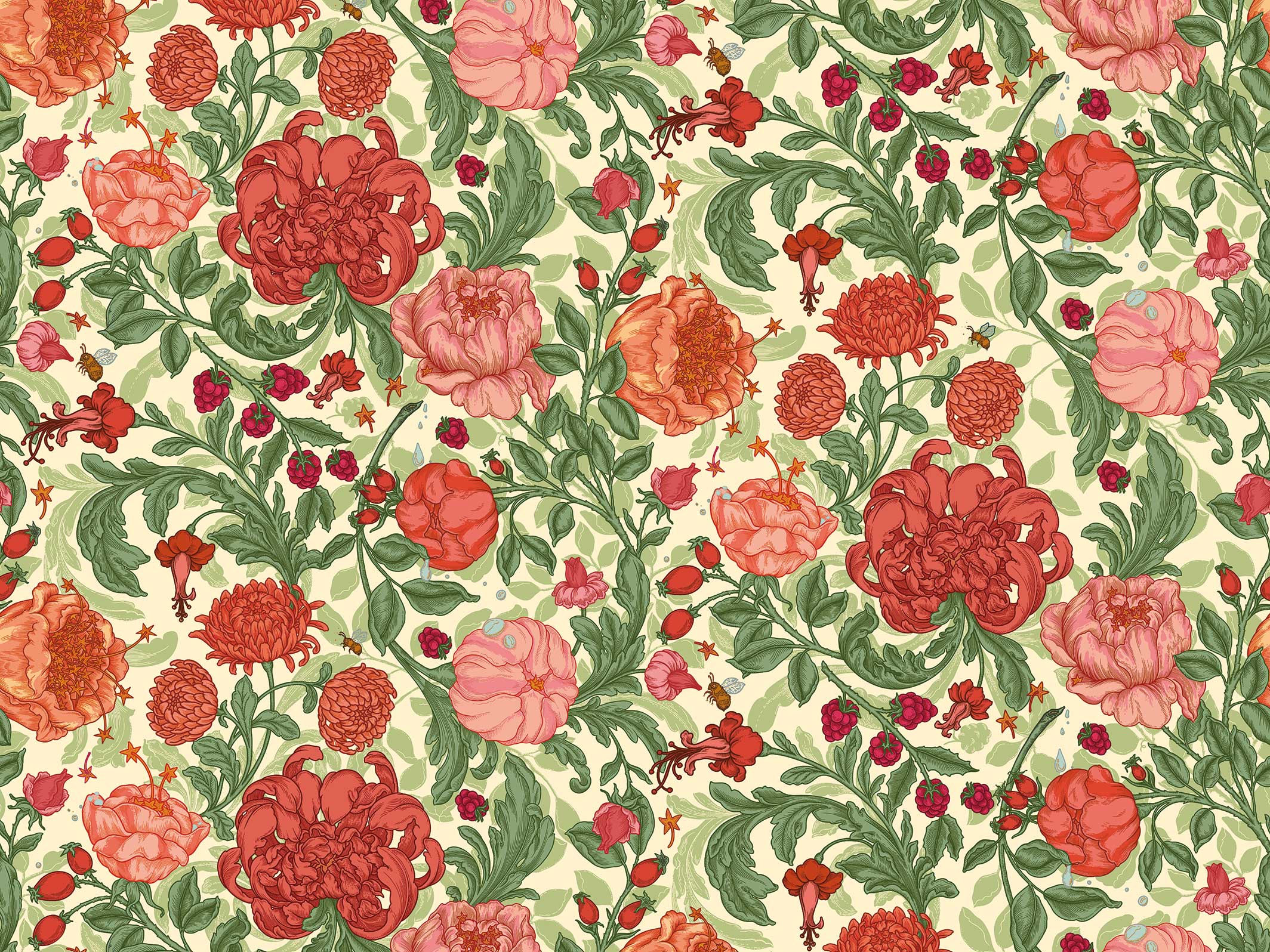 Papier peint floral - Envolée lyrique - Vert tendre & Rose