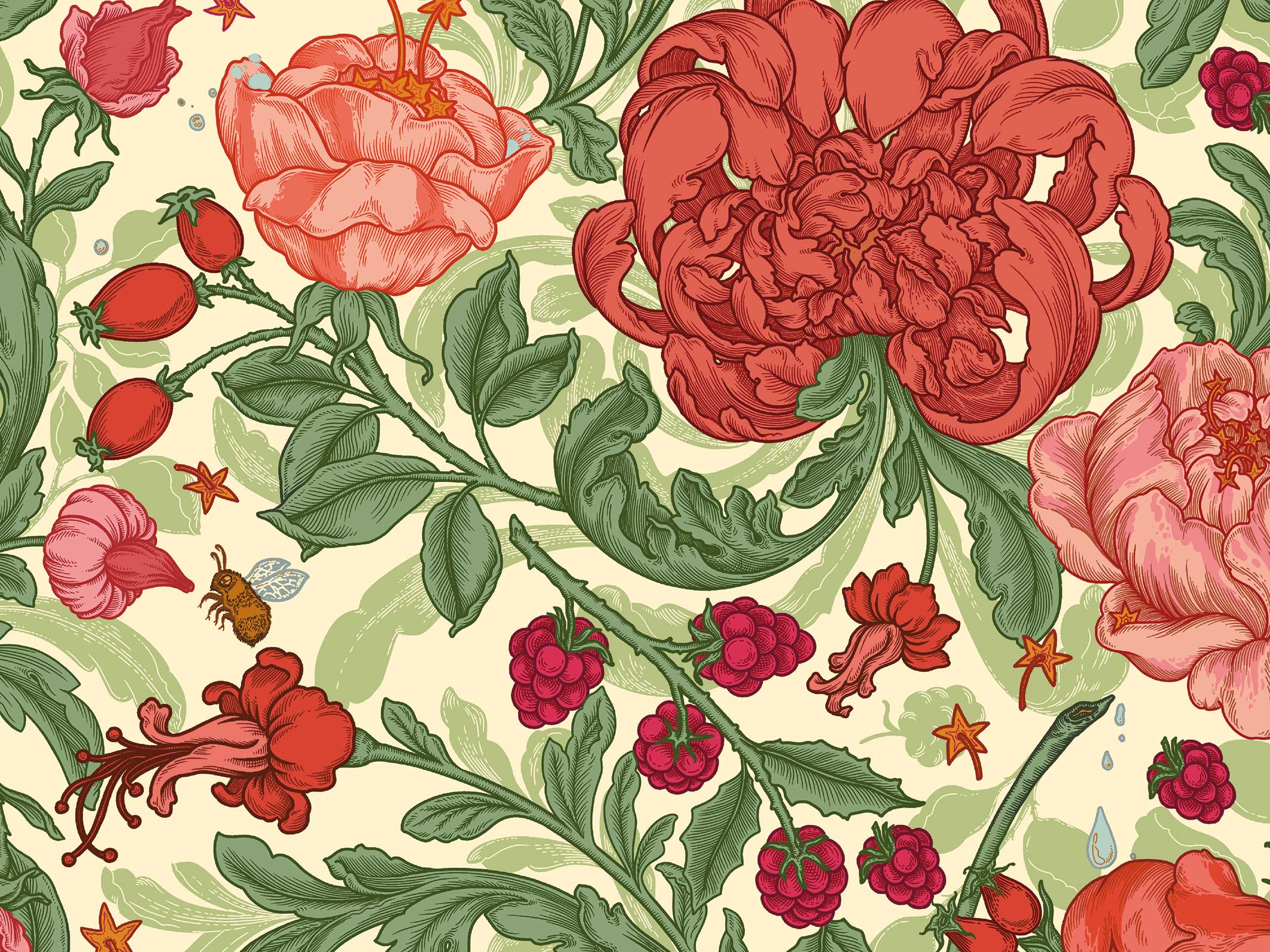 Papier peint floral - Envolée lyrique - Vert tendre & Rose
