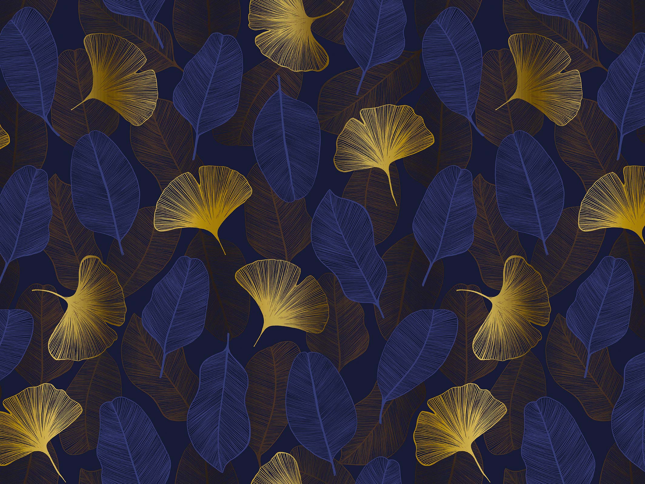 Papier peint floral - Elisa - Bleu nuit & Doré