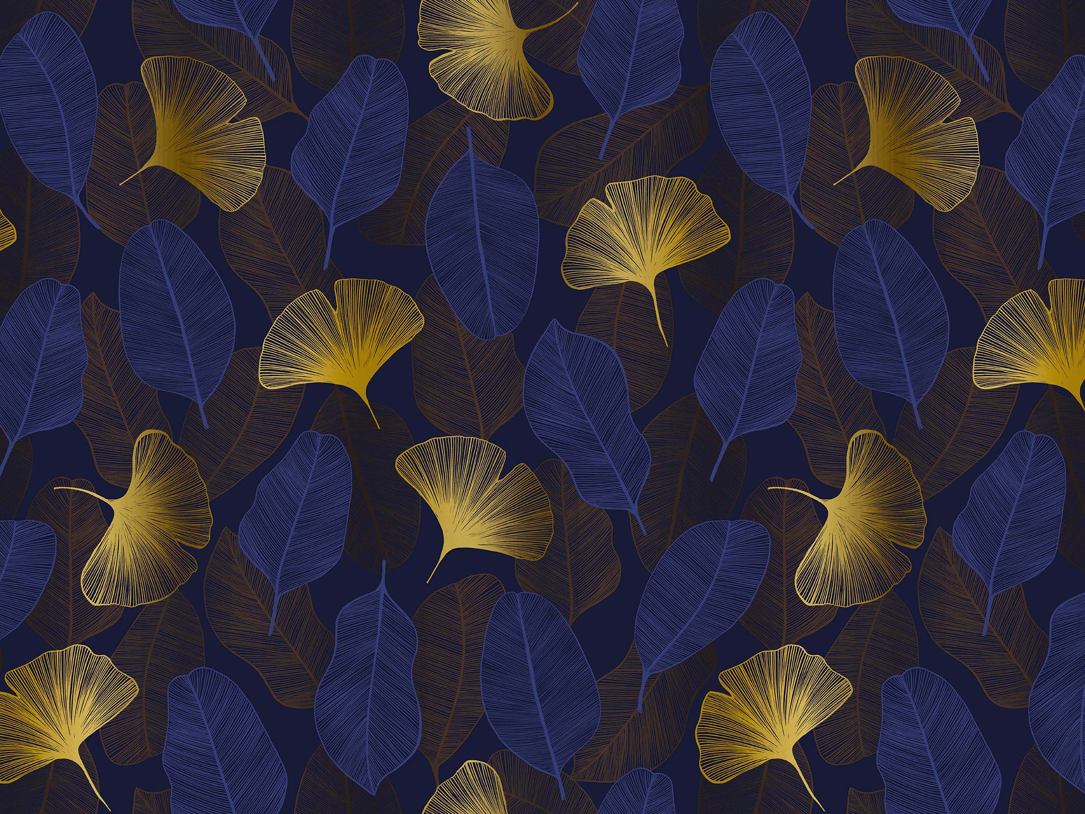 Papier peint floral - Elisa - Bleu nuit & Doré