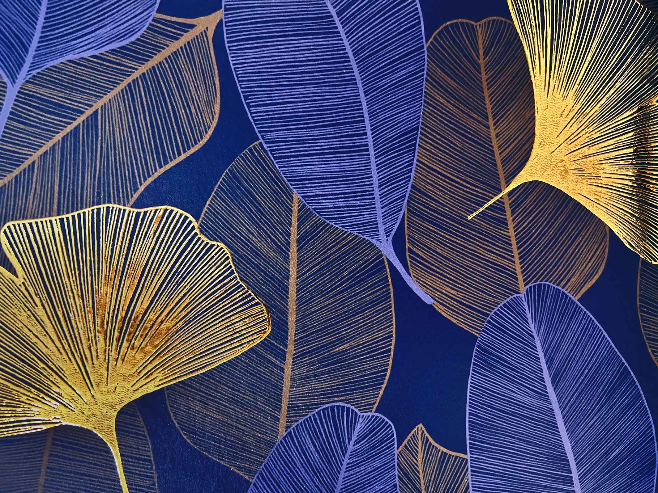 Papier peint floral - Elisa - Bleu nuit & Doré