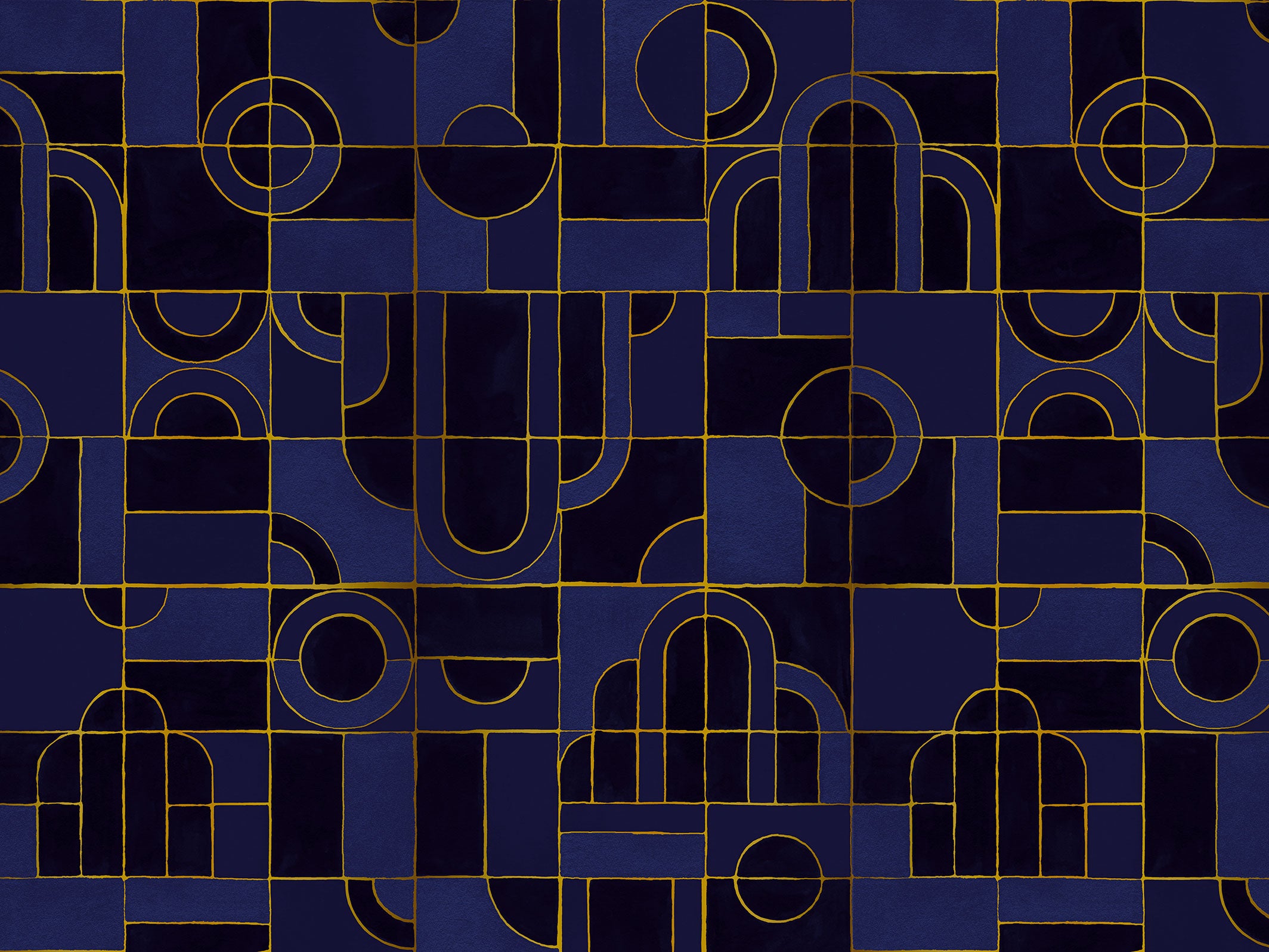 Papier peint géométrique - Golden Twenties - Bleu nuit & Doré