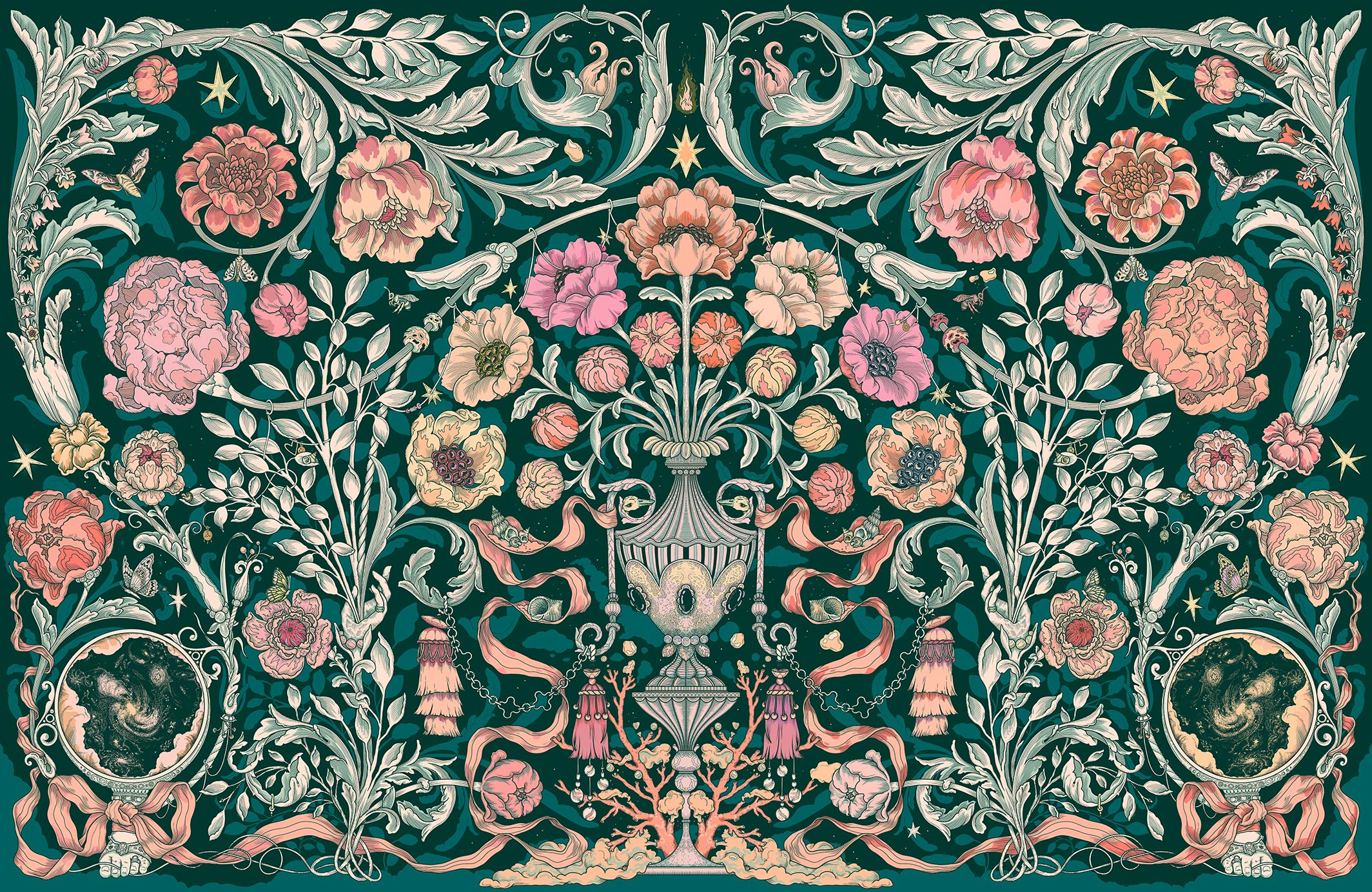 Papier peint panoramique - Jardin Merveilleux - Vert oxford & Rose