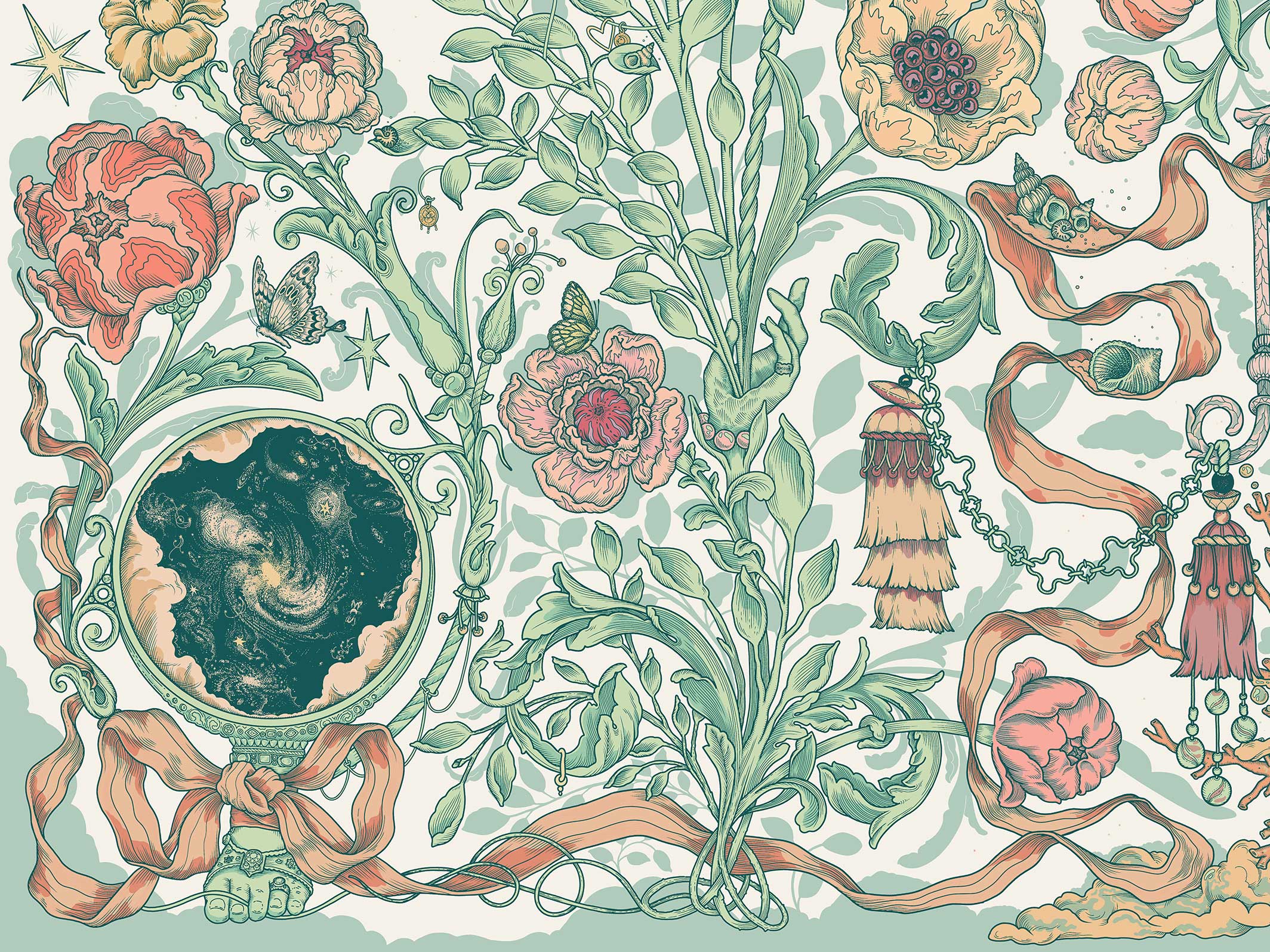 Papier peint panoramique - Jardin Merveilleux - Vert tendre & Rose