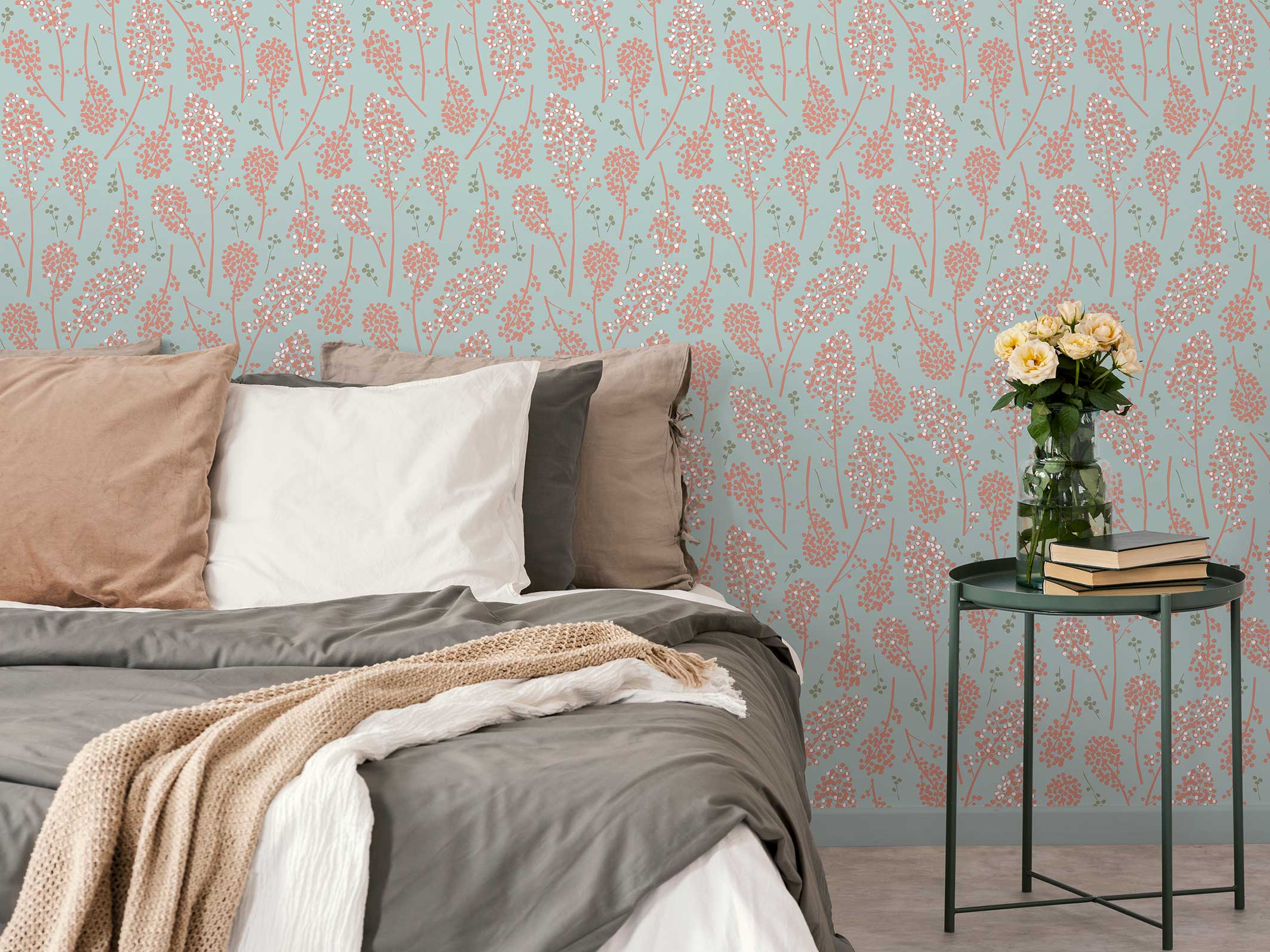 Papier peint floral - Suzie - Vert tendre & Rose thé dans un salon